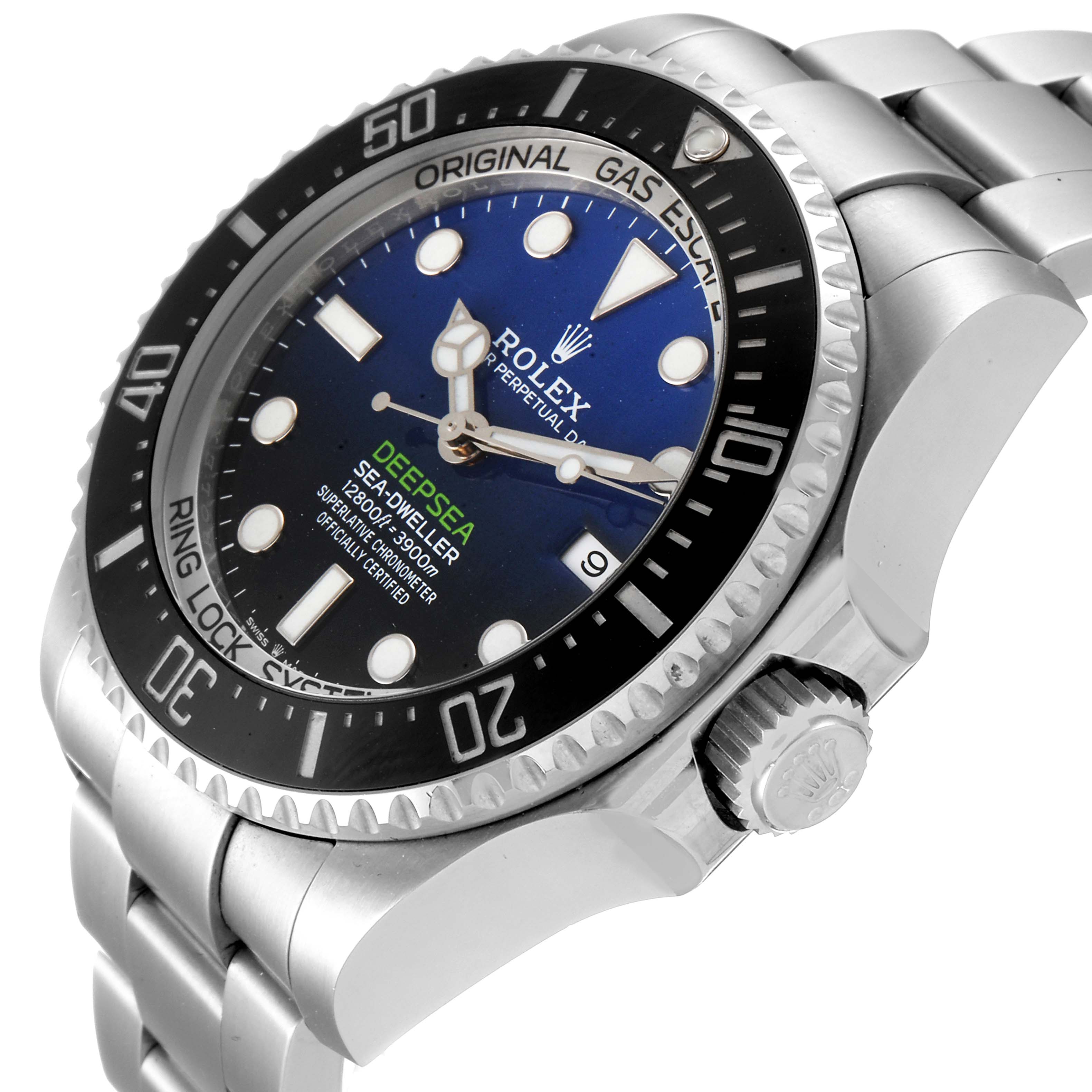 The Rolex Sea-Dweller 126660 Men
s Stainless Steel Blue Dial 126660 Men
s Stainless Steel Blue Dial watch is shown at a 3/4 angle, highlighting the dial, bezel, case, and part of the bracelet.