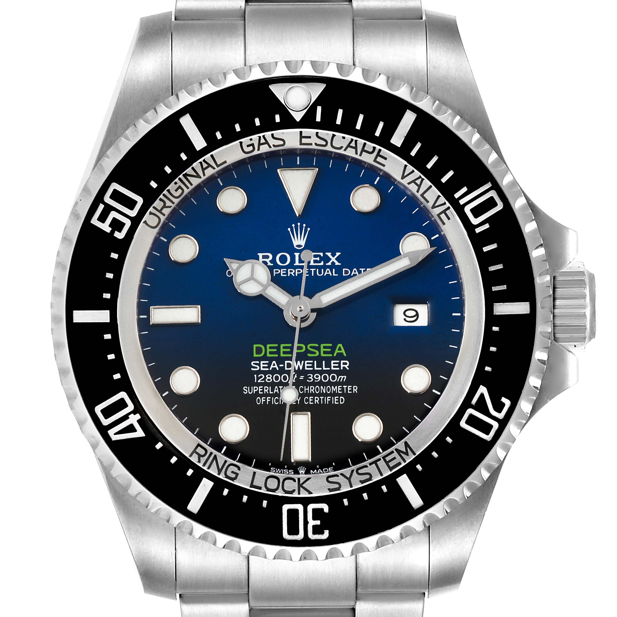The image shows a front view of a Rolex Sea-Dweller 126660 Men
s Stainless Steel Blue Dial 126660 Men
s Stainless Steel Blue Dial Deepsea with a stainless steel case and bracelet, black dial, and bezel.