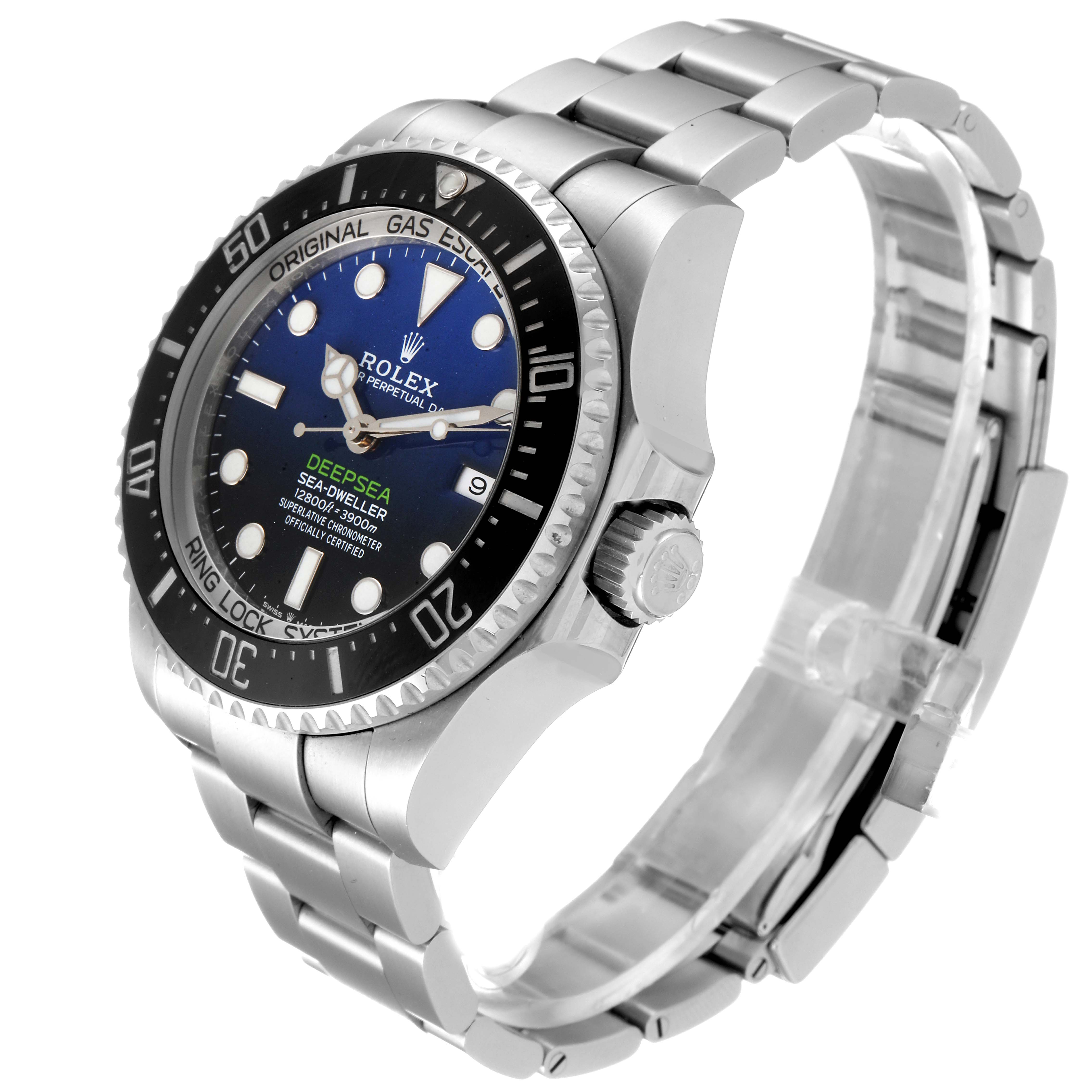 The Rolex Sea-Dweller 126660 Men
s Stainless Steel Blue Dial 126660 Men
s Stainless Steel Blue Dial watch is shown at an angle displaying its face, bezel, crown, and bracelet.
