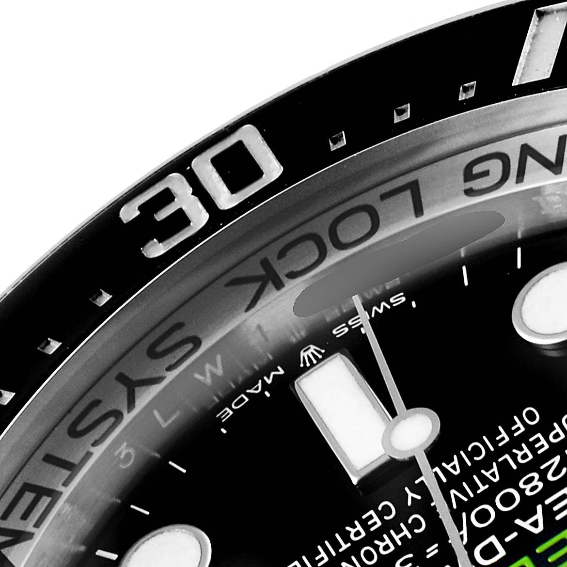 The image shows a close-up view of the dial, bezel, and part of the minute hand of the Rolex Sea-Dweller 126660 Men
s Stainless Steel Blue Dial 126660 Men
s Stainless Steel Blue Dial watch.