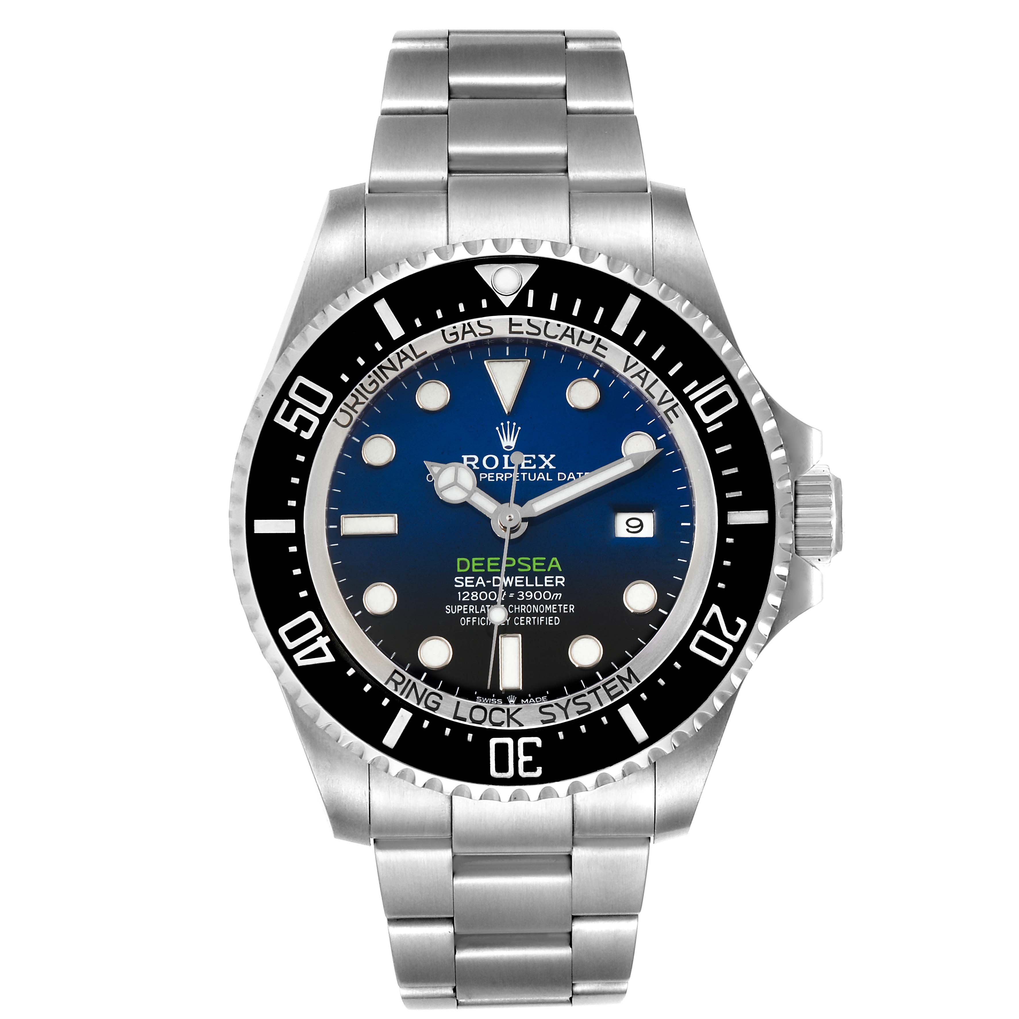 The image displays a front view of the Rolex Sea-Dweller 126660 Men
s Stainless Steel Blue Dial 126660 Men
s Stainless Steel Blue Dial Deepsea watch, showcasing its dial, bezel, and bracelet.