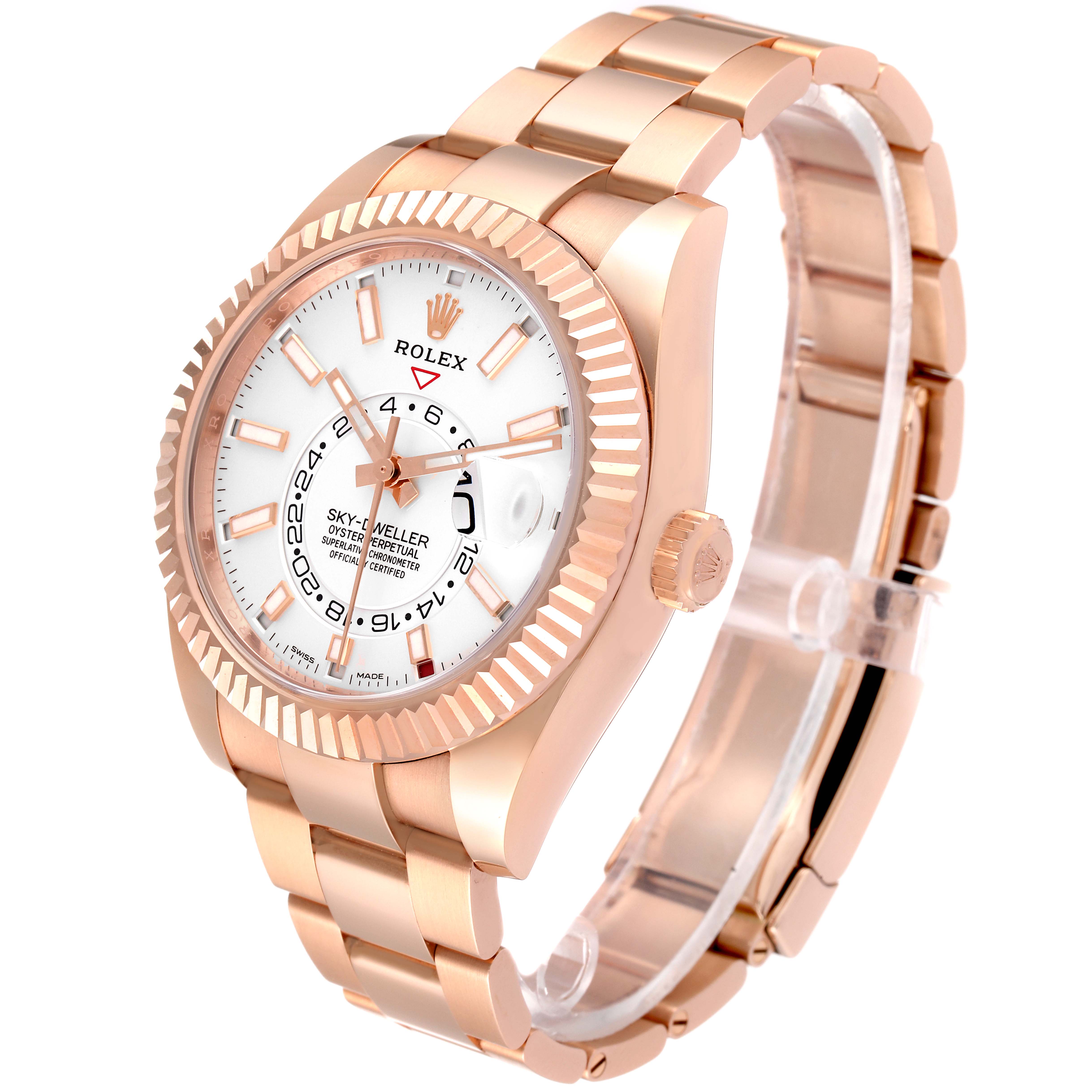 This image shows a Rolex Sky-Dweller 326935 Men's Rose Gold White Dial 326935 Men's Rose Gold White Dial watch in rose gold, captured from a front-side angle, displaying its face, bezel, and bracelet.