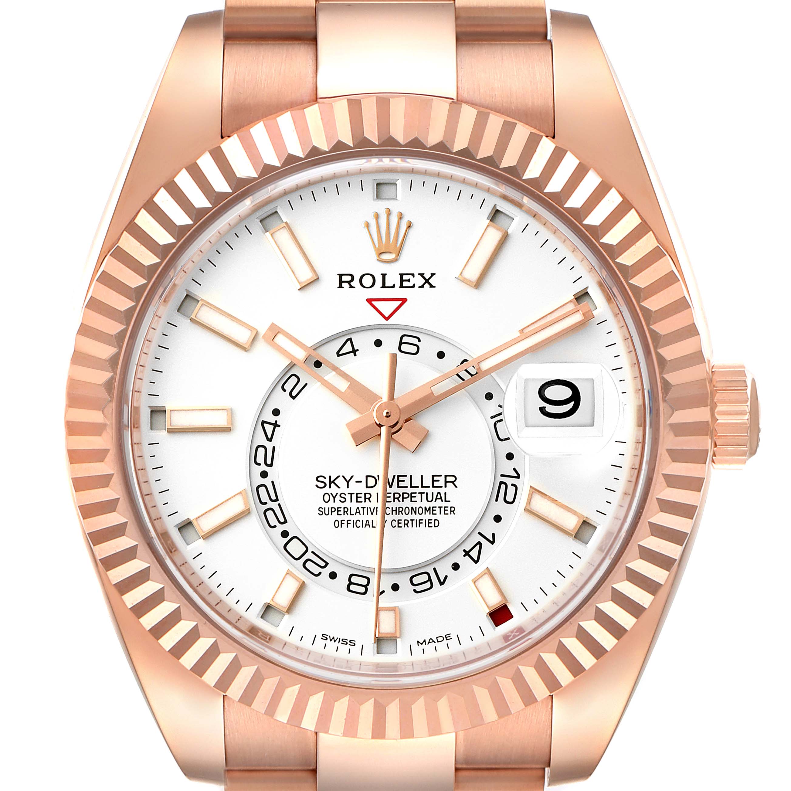 This image shows a front view of the Rolex Sky-Dweller 326935 Men's Rose Gold White Dial 326935 Men's Rose Gold White Dial watch, focusing on the dial, bezel, and part of the bracelet.