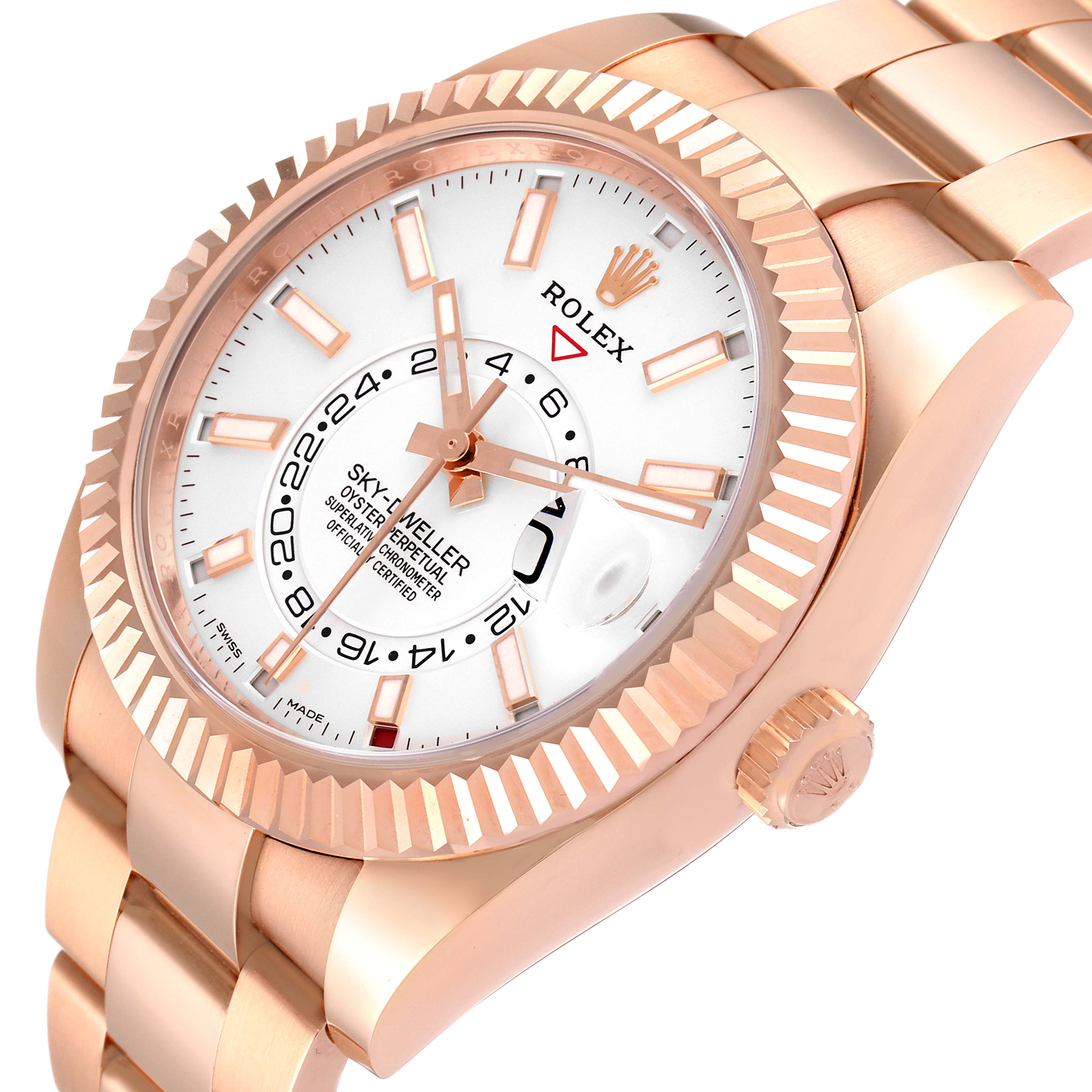 This image shows a close-up of the Rolex Sky-Dweller 326935 Men's Rose Gold White Dial 326935 Men's Rose Gold White Dial watch at an angled view, highlighting the face, bezel, and part of the bracelet.