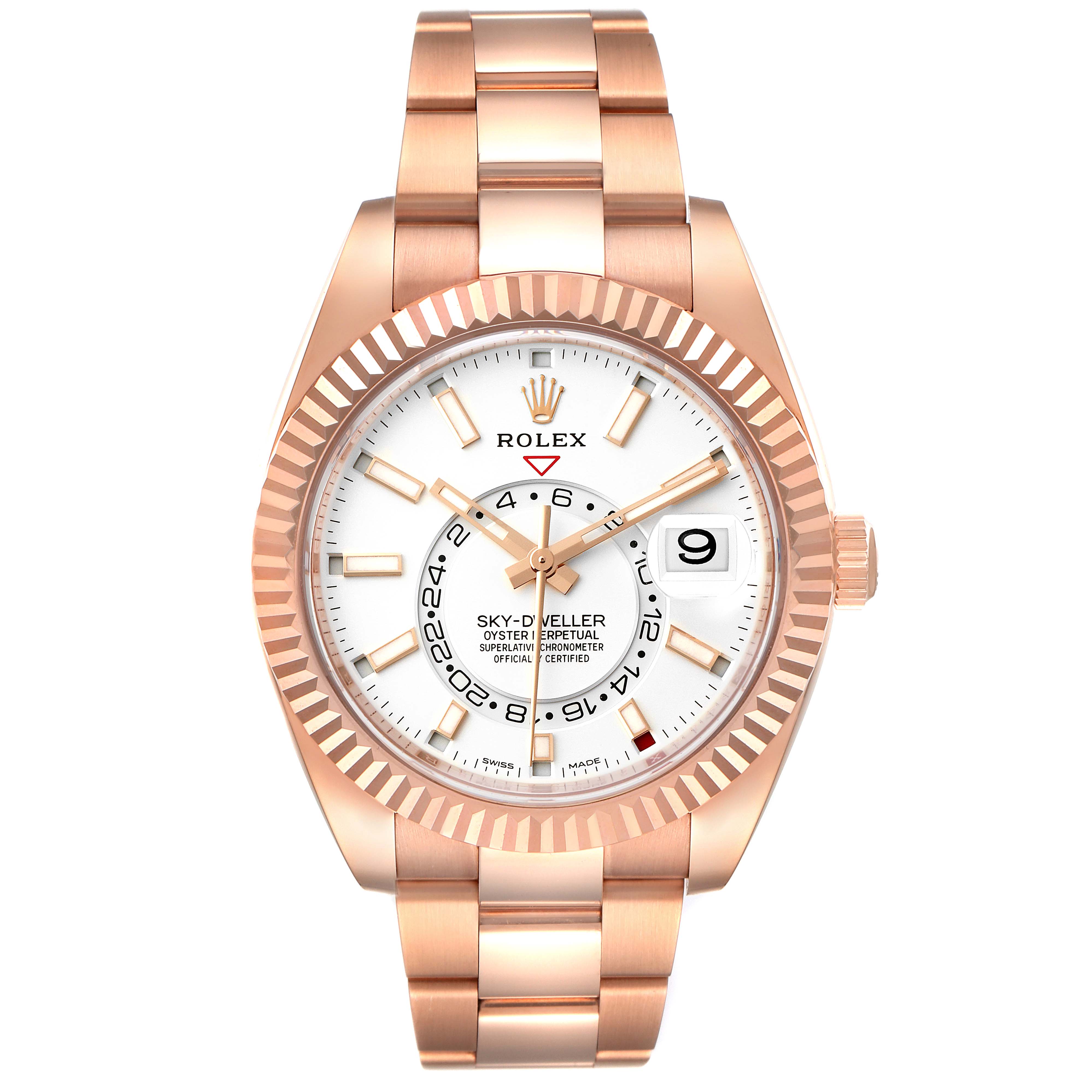 The image shows a front view of the Rolex Sky-Dweller 326935 Men's Rose Gold White Dial 326935 Men's Rose Gold White Dial wristwatch, highlighting its face, bezel, and bracelet.