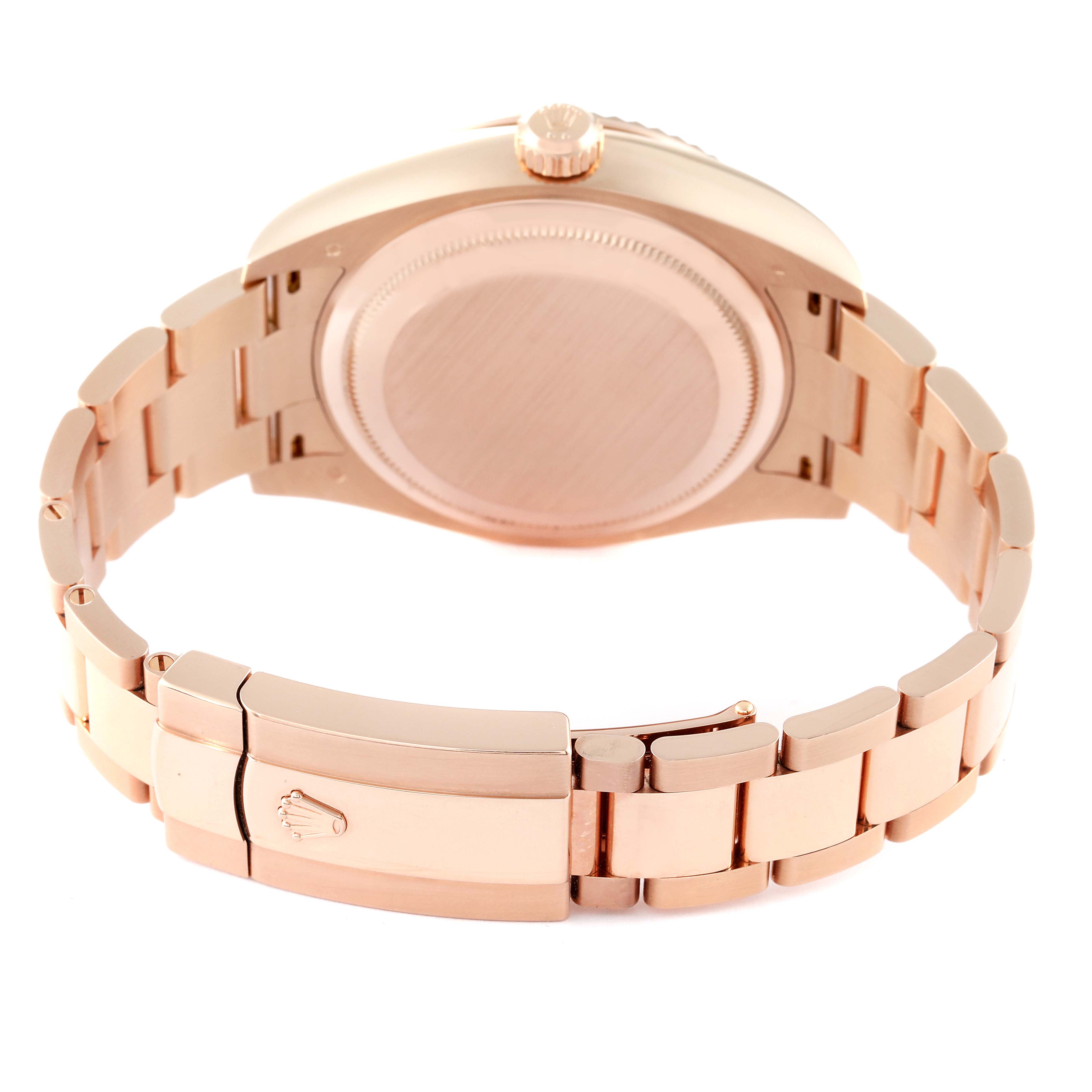 The image shows the back case and bracelet with clasp of a Rolex Sky-Dweller 326935 Men's Rose Gold White Dial 326935 Men's Rose Gold White Dial watch in a slightly angled view.