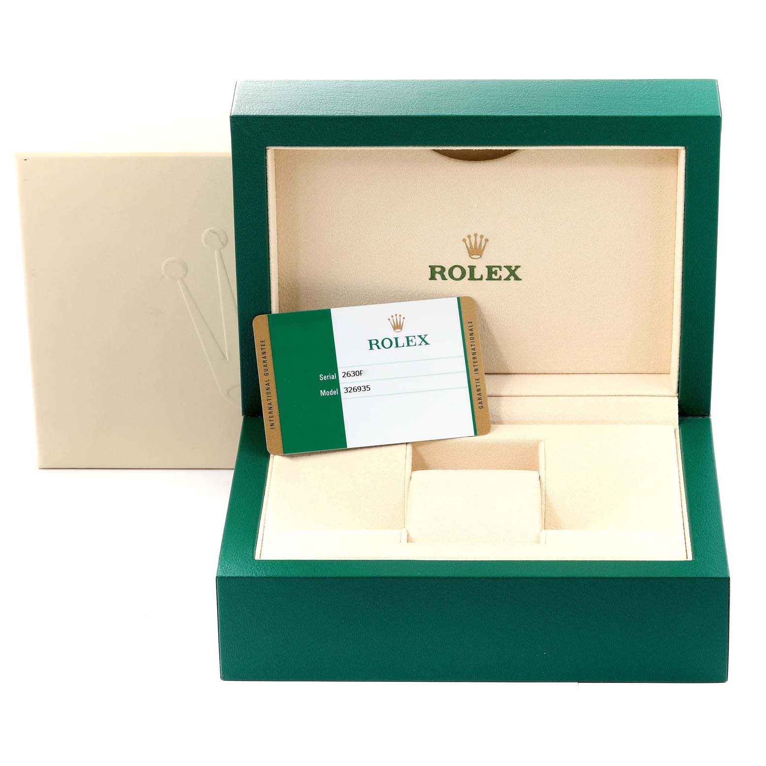 The image shows a Rolex Sky-Dweller 326935 Men's Rose Gold White Dial 326935 Men's Rose Gold White Dial watch box and warranty card from a front angle.