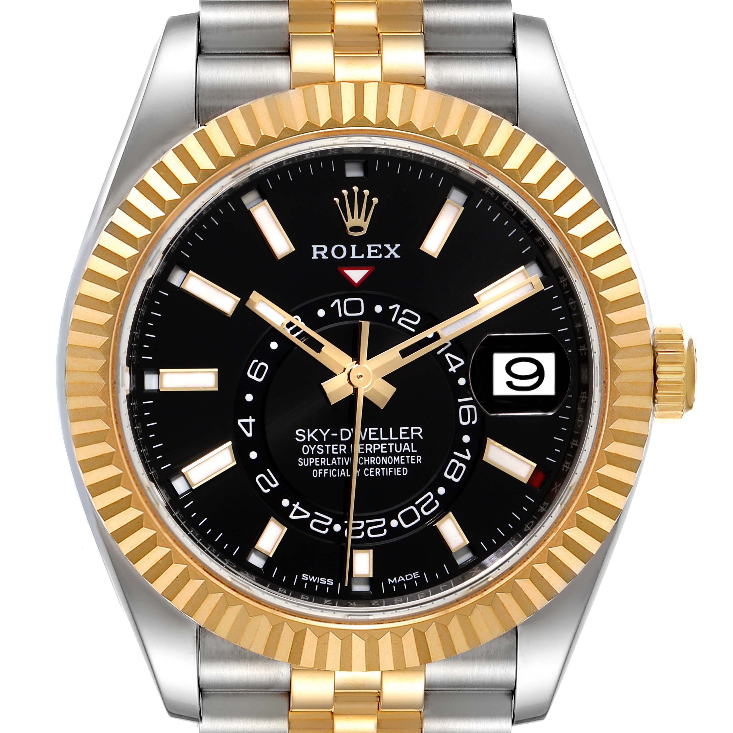 The image shows a close-up front view of the Rolex Sky-Dweller 326933 Men's Steel and Gold (two tone) Black Dial 326933 Men's Steel and Gold (two tone) Black Dial watch, highlighting the face, dial, and two-tone bracelet.