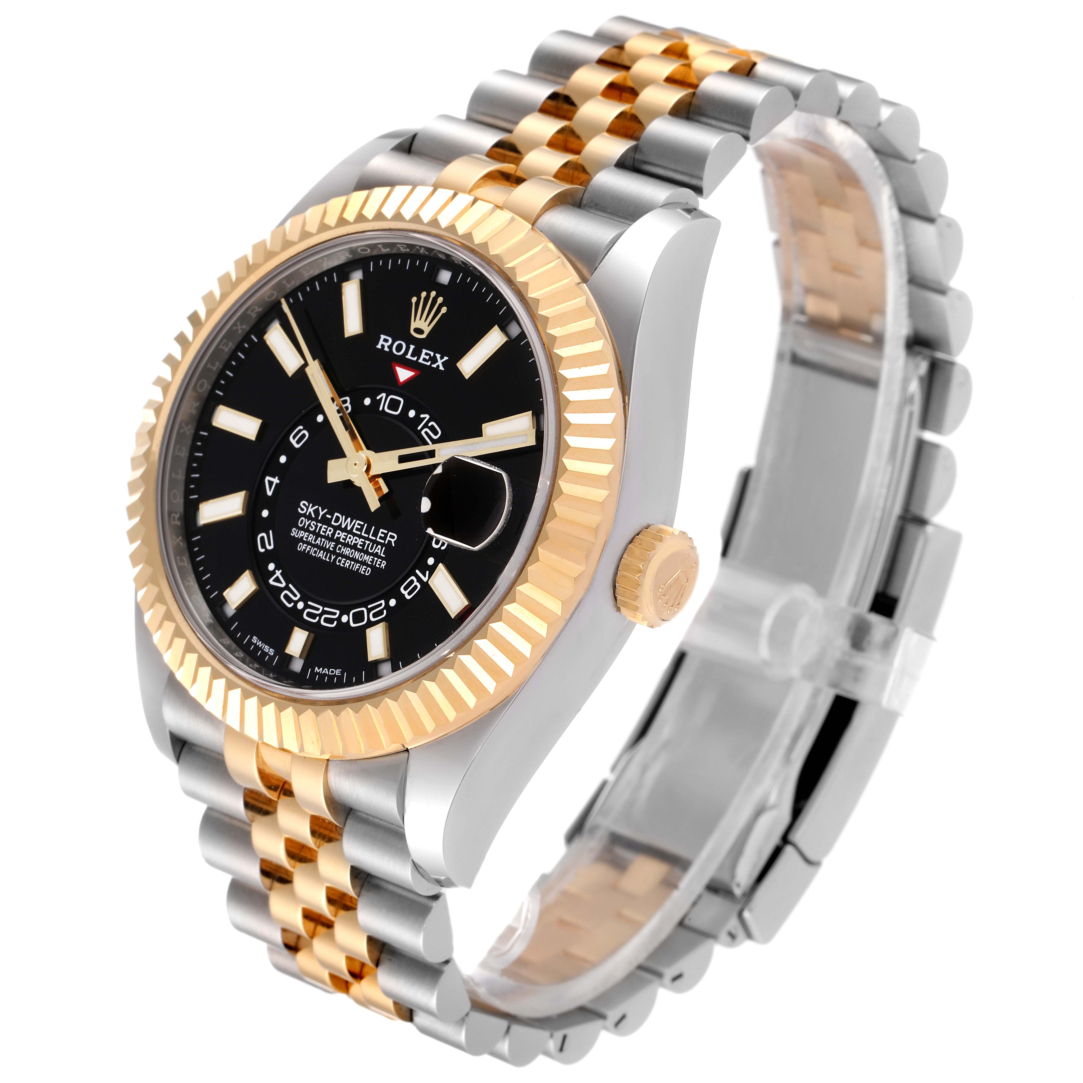 The image shows a three-quarter view of a Rolex Sky-Dweller 326933 Men's Steel and Gold (two tone) Black Dial 326933 Men's Steel and Gold (two tone) Black Dial watch, highlighting its black dial, gold bezel, and two-tone bracelet.