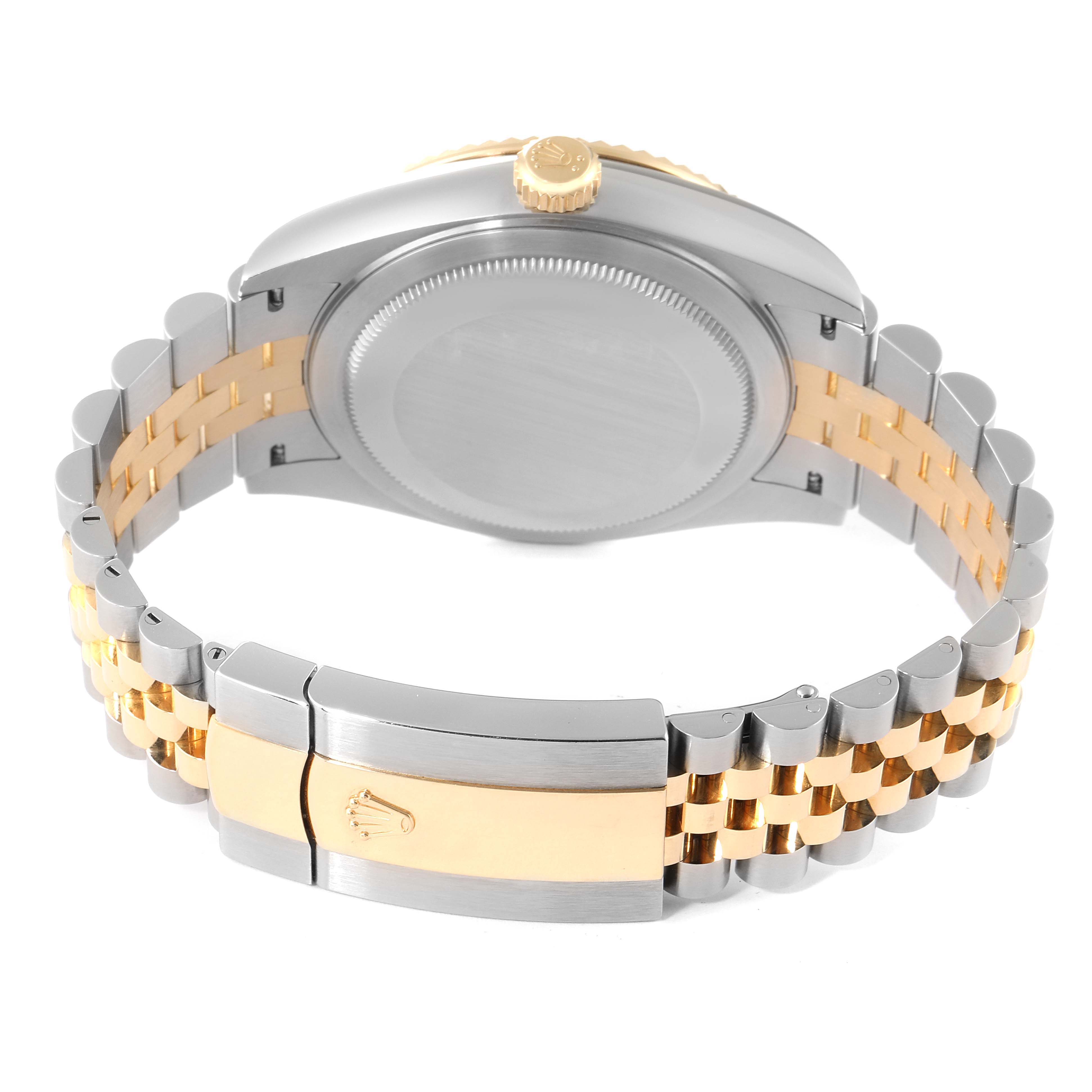 This image shows the back view of a Rolex Sky-Dweller 326933 Men's Steel and Gold (two tone) Black Dial 326933 Men's Steel and Gold (two tone) Black Dial, focusing on the clasp, crown, and the two-tone bracelet.