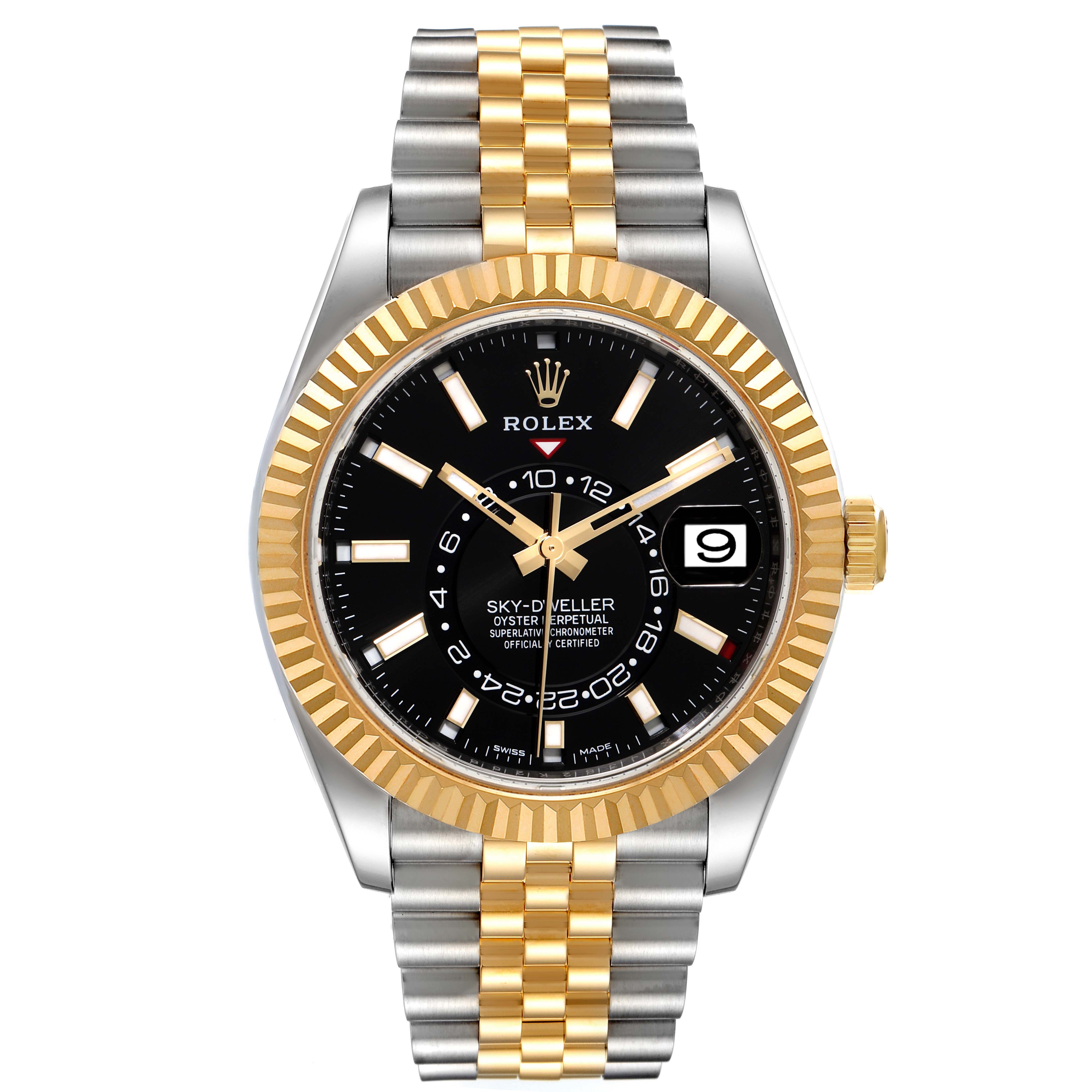 This image shows a front view of a Rolex Sky-Dweller 326933 Men's Steel and Gold (two tone) Black Dial 326933 Men's Steel and Gold (two tone) Black Dial watch, featuring a black dial, gold fluted bezel, and a two-tone metal bracelet.