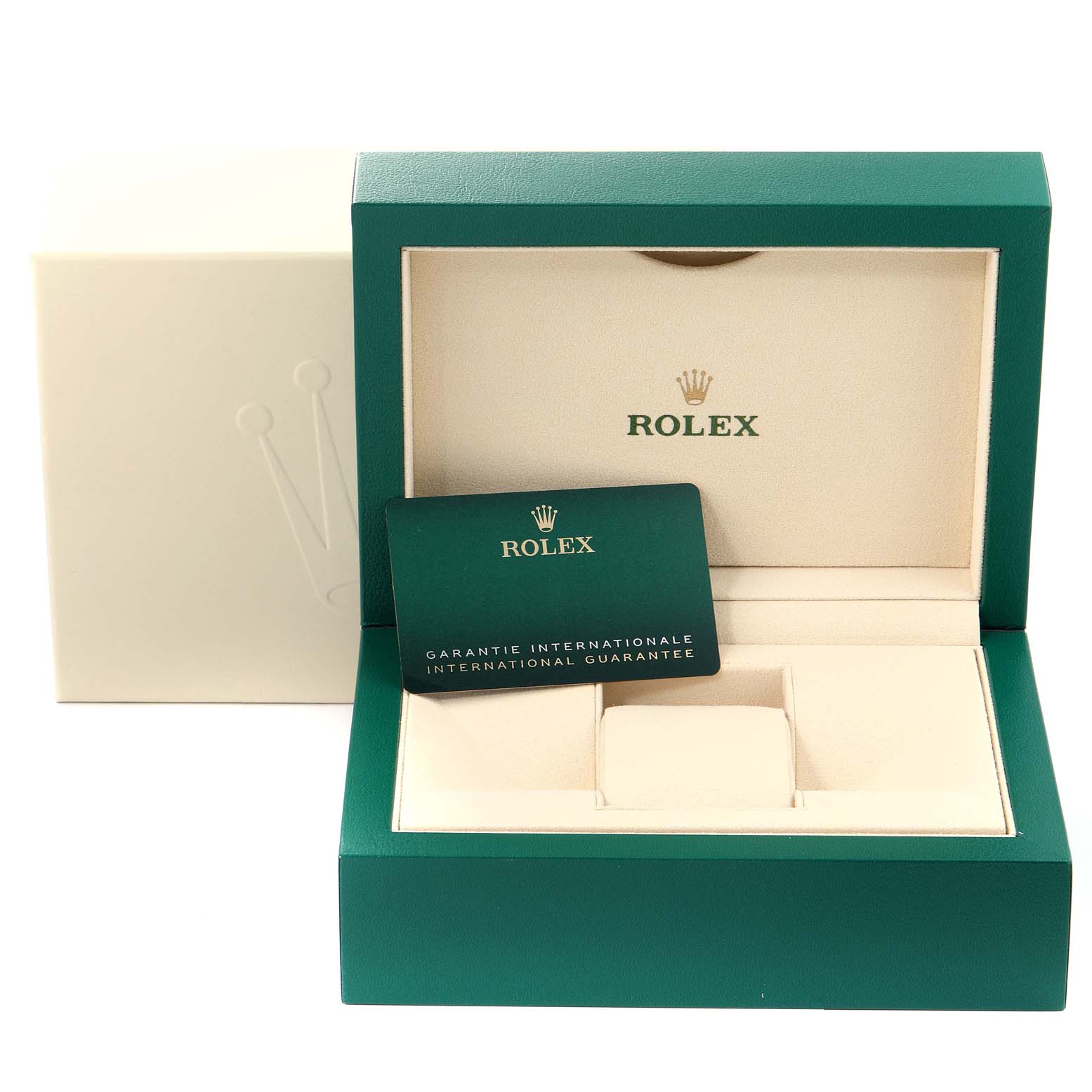 This image shows an open Rolex Sky-Dweller 326933 Men's Steel and Gold (two tone) Black Dial 326933 Men's Steel and Gold (two tone) Black Dial watch box with a guarantee card inside.