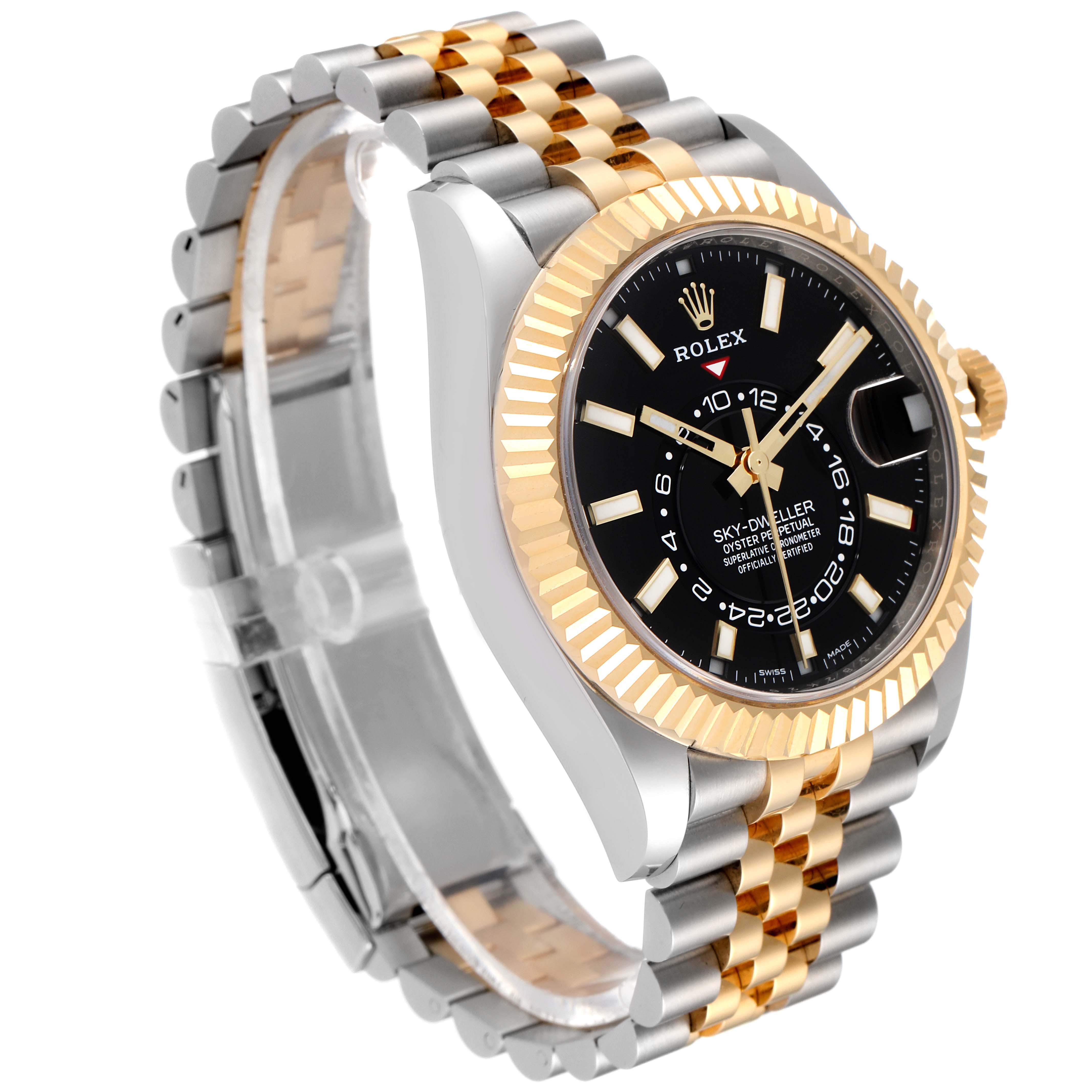 The Rolex Sky-Dweller 326933 Men's Steel and Gold (two tone) Black Dial 326933 Men's Steel and Gold (two tone) Black Dial watch is shown at a three-quarter angle, highlighting the two-tone bracelet, bezel, and black dial.