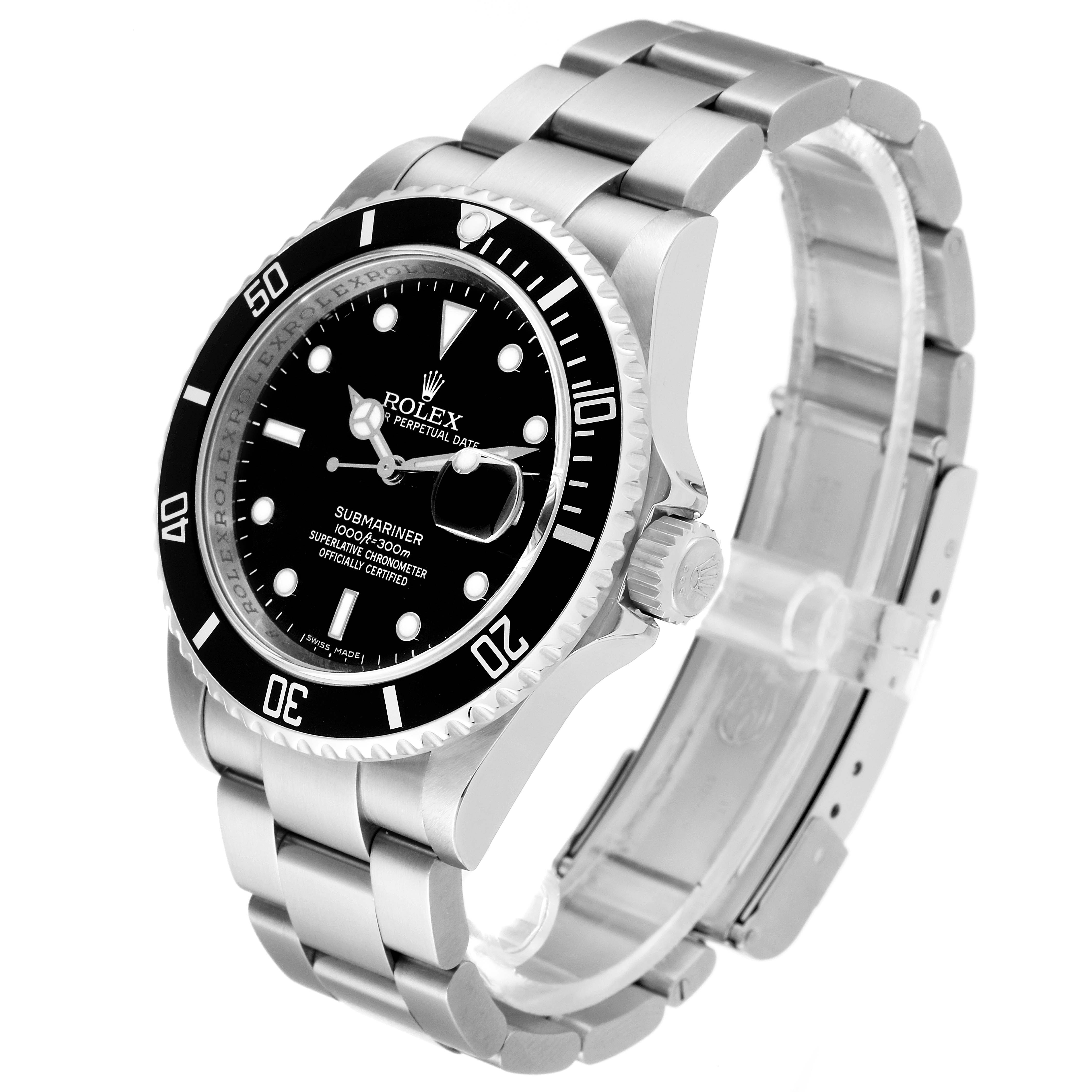 This image shows a side and front angle of the Rolex Submariner 16610 Men
s Stainless Steel Black Dial 16610 Men
s Stainless Steel Black Dial watch, displaying its bezel, dial, and bracelet.