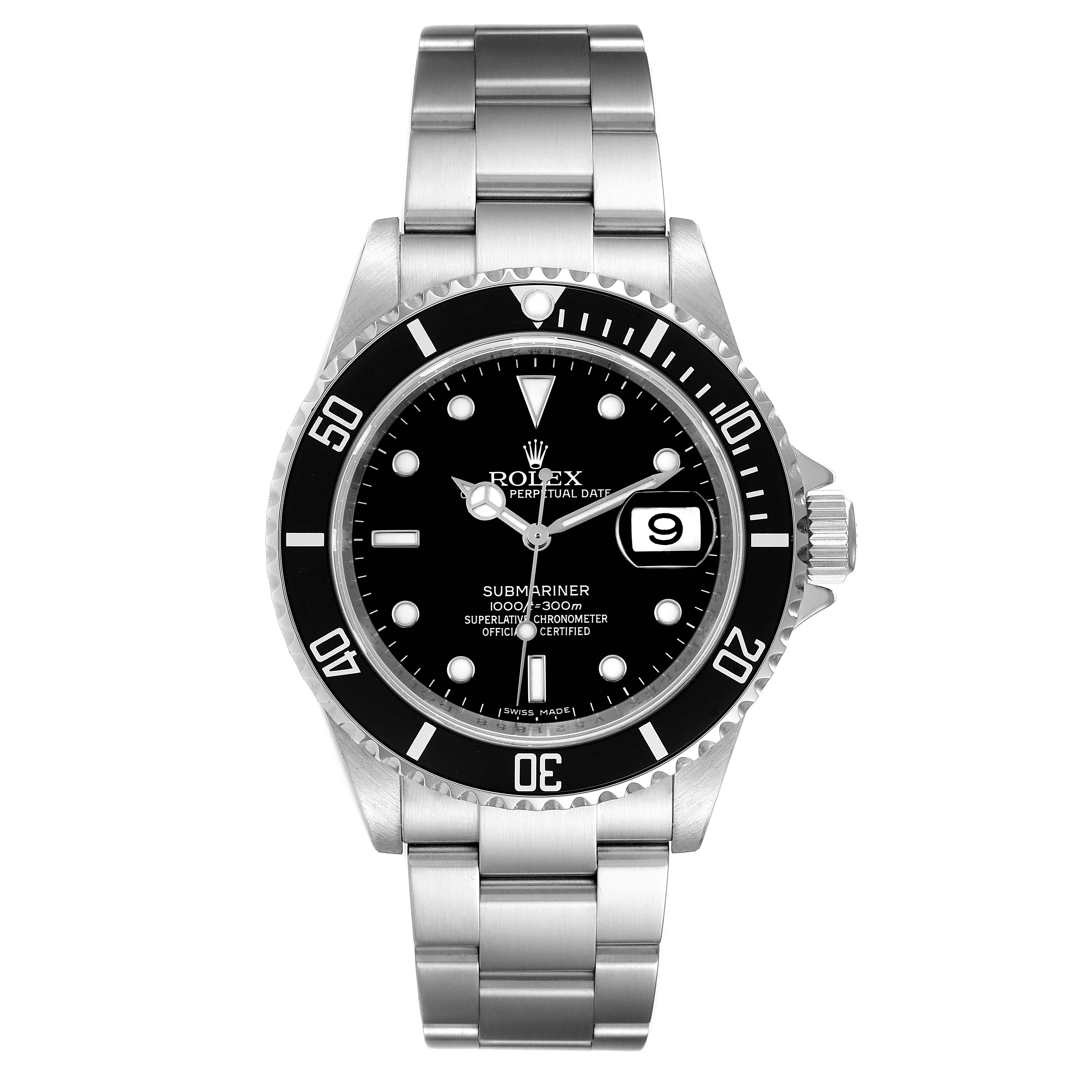 This image shows a front view of a Rolex Submariner 16610 Men
s Stainless Steel Black Dial 16610 Men
s Stainless Steel Black Dial watch, displaying the dial, bezel, and bracelet.