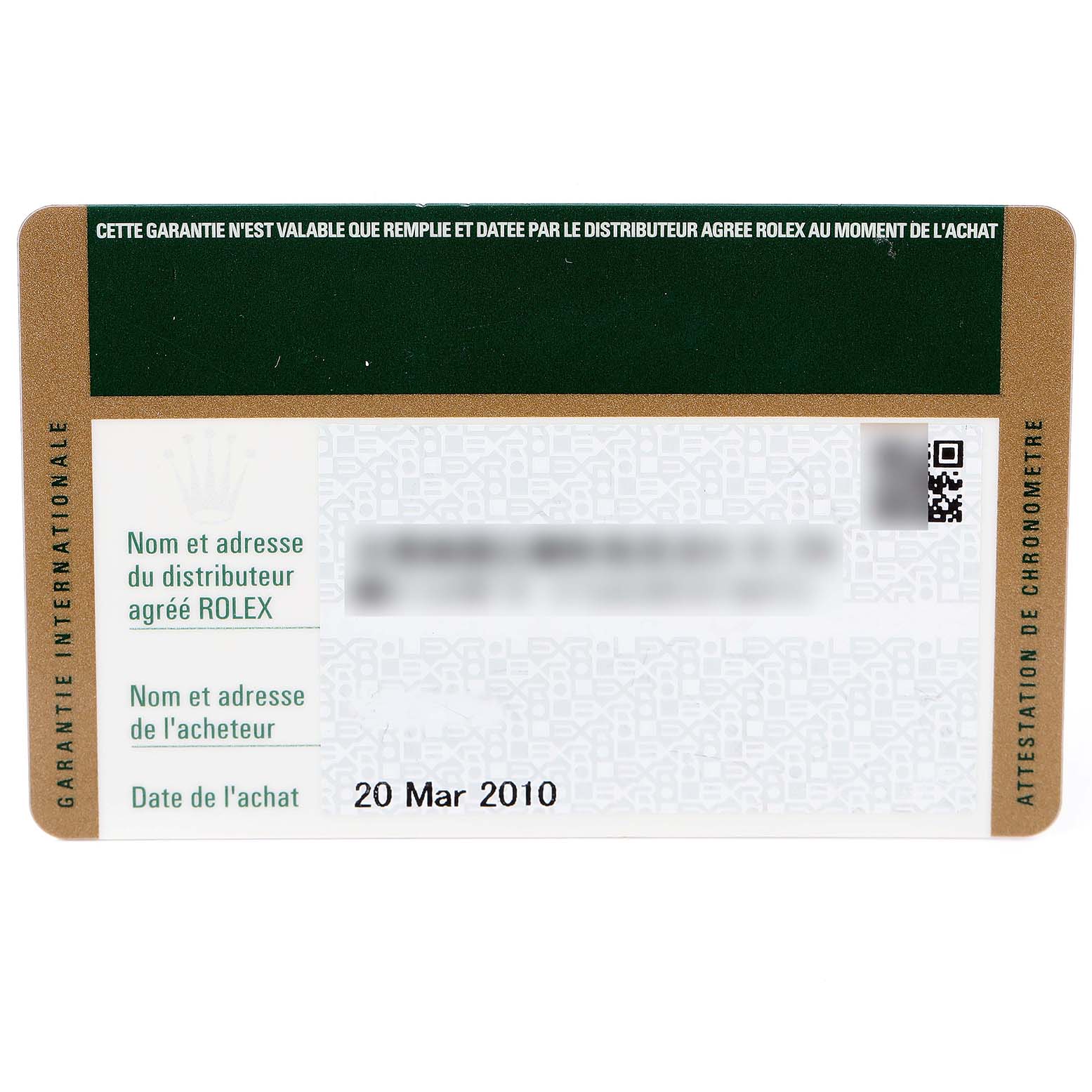 Shown is the warranty card for the Rolex Submariner 16610 Men
s Stainless Steel Black Dial 16610 Men
s Stainless Steel Black Dial, displaying purchase date and dealer information.