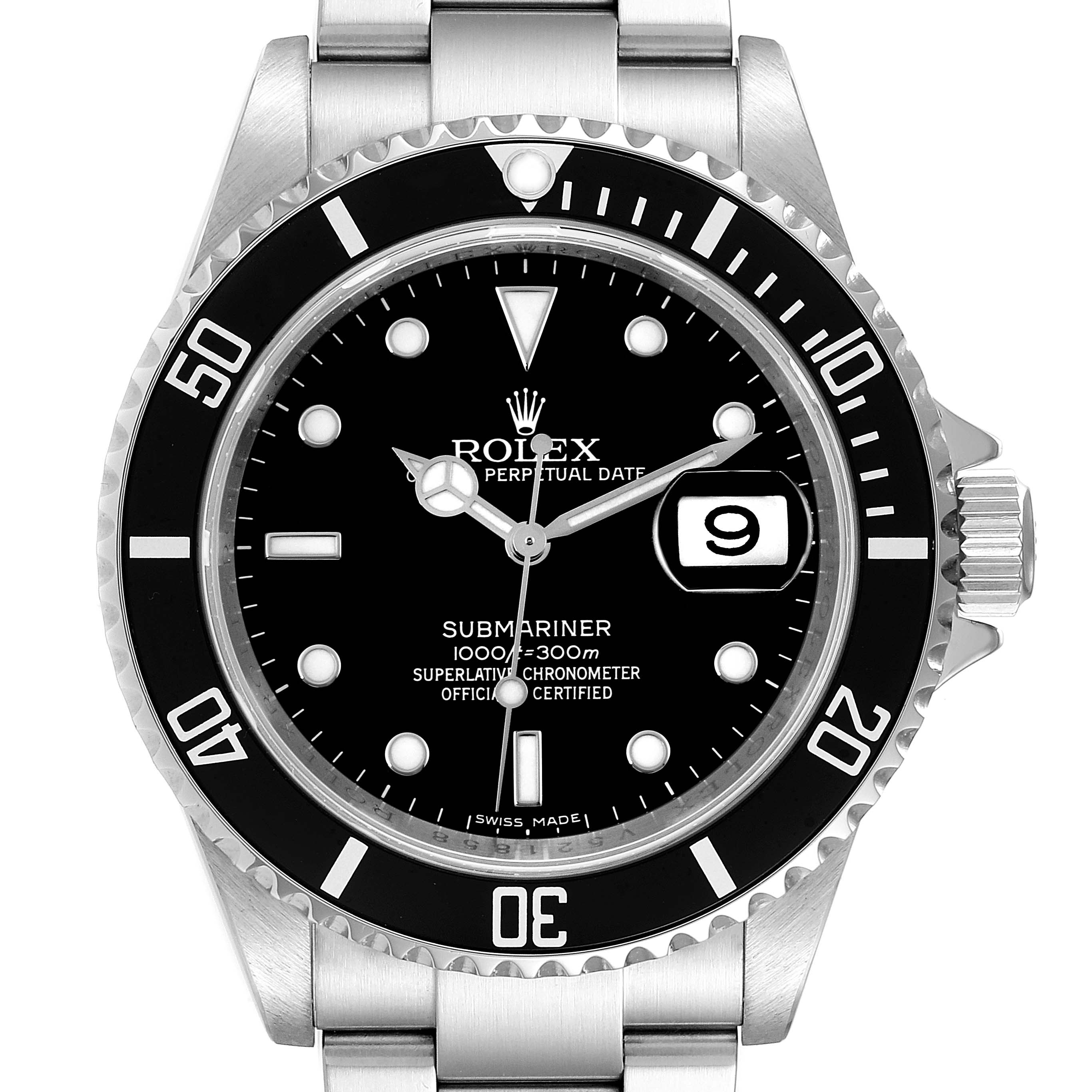 The image shows a front view of a Rolex Submariner 16610 Men
s Stainless Steel Black Dial 16610 Men
s Stainless Steel Black Dial watch, displaying the dial, bezel, crown, and bracelet.