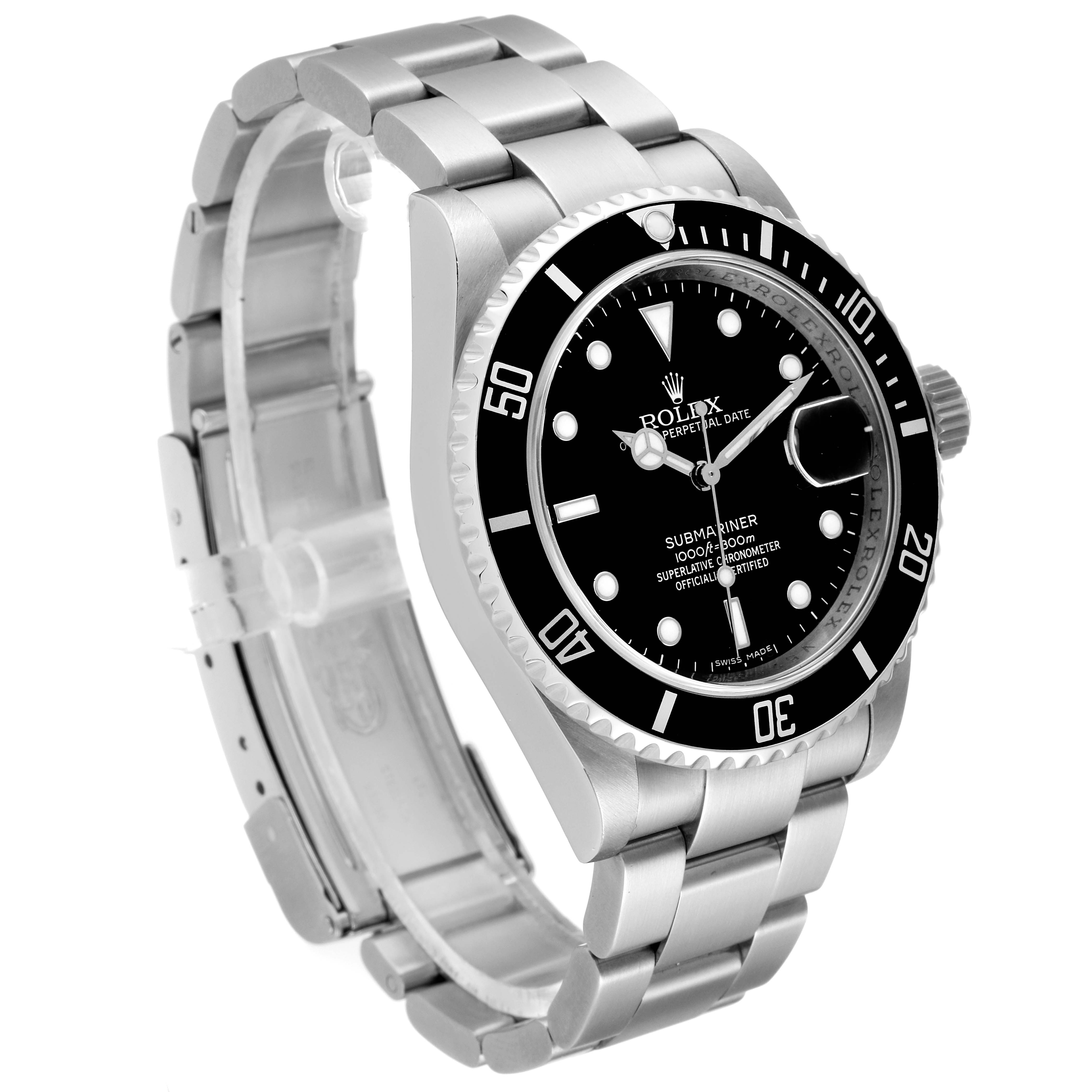 The Rolex Submariner 16610 Men
s Stainless Steel Black Dial 16610 Men
s Stainless Steel Black Dial watch is shown at a three-quarter angle, displaying the black dial, bezel, and stainless steel bracelet.
