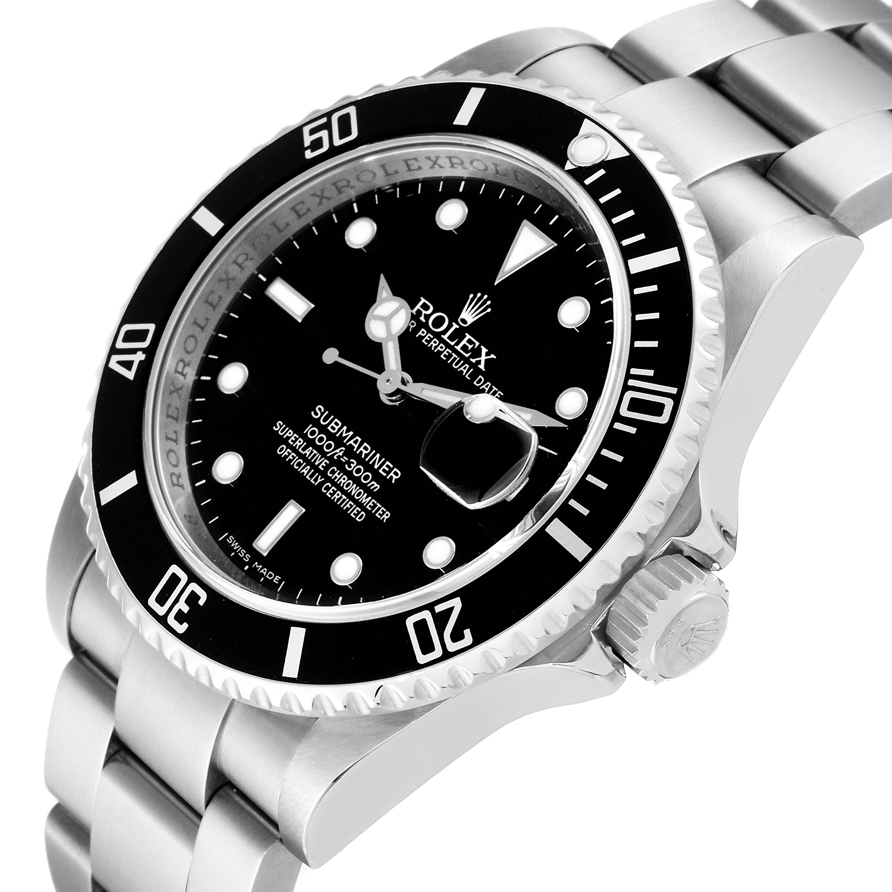 The image shows a Rolex Submariner 16610 Men
s Stainless Steel Black Dial 16610 Men
s Stainless Steel Black Dial watch angled from the front-left, highlighting the dial, bezel, crown, and bracelet.