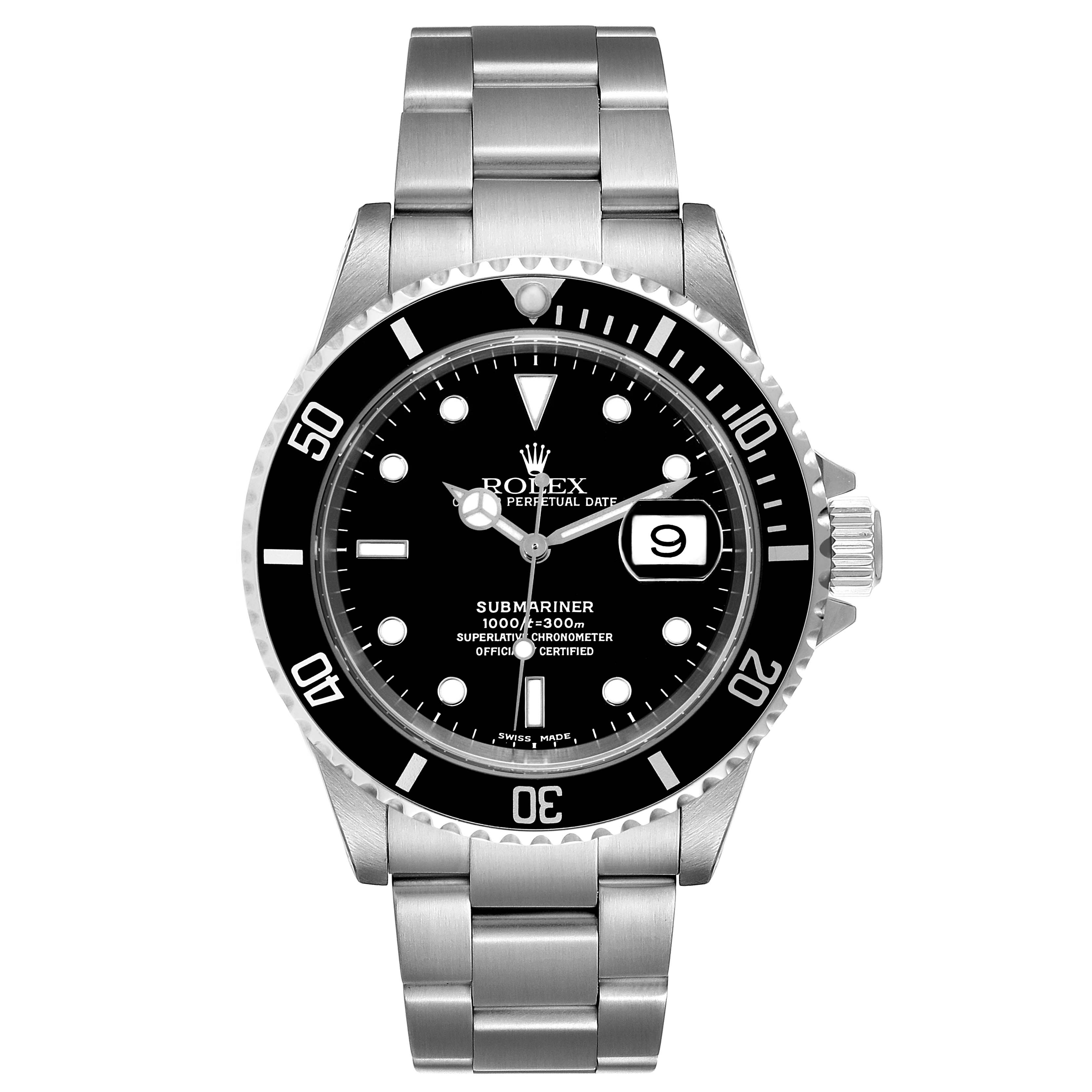 The image shows a front view of the Rolex Submariner 16610 Men's Stainless Steel Black Dial 16610 Men's Stainless Steel Black Dial watch, highlighting its dial, bezel, bracelet, and date window.