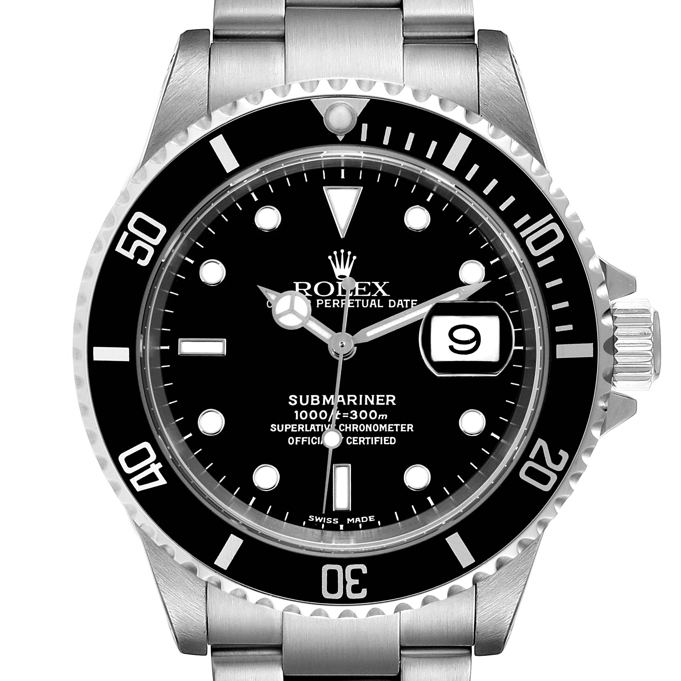 This image shows a front view of the Rolex Submariner 16610 Men's Stainless Steel Black Dial 16610 Men's Stainless Steel Black Dial watch, highlighting the dial, bezel, crown, and part of the bracelet.