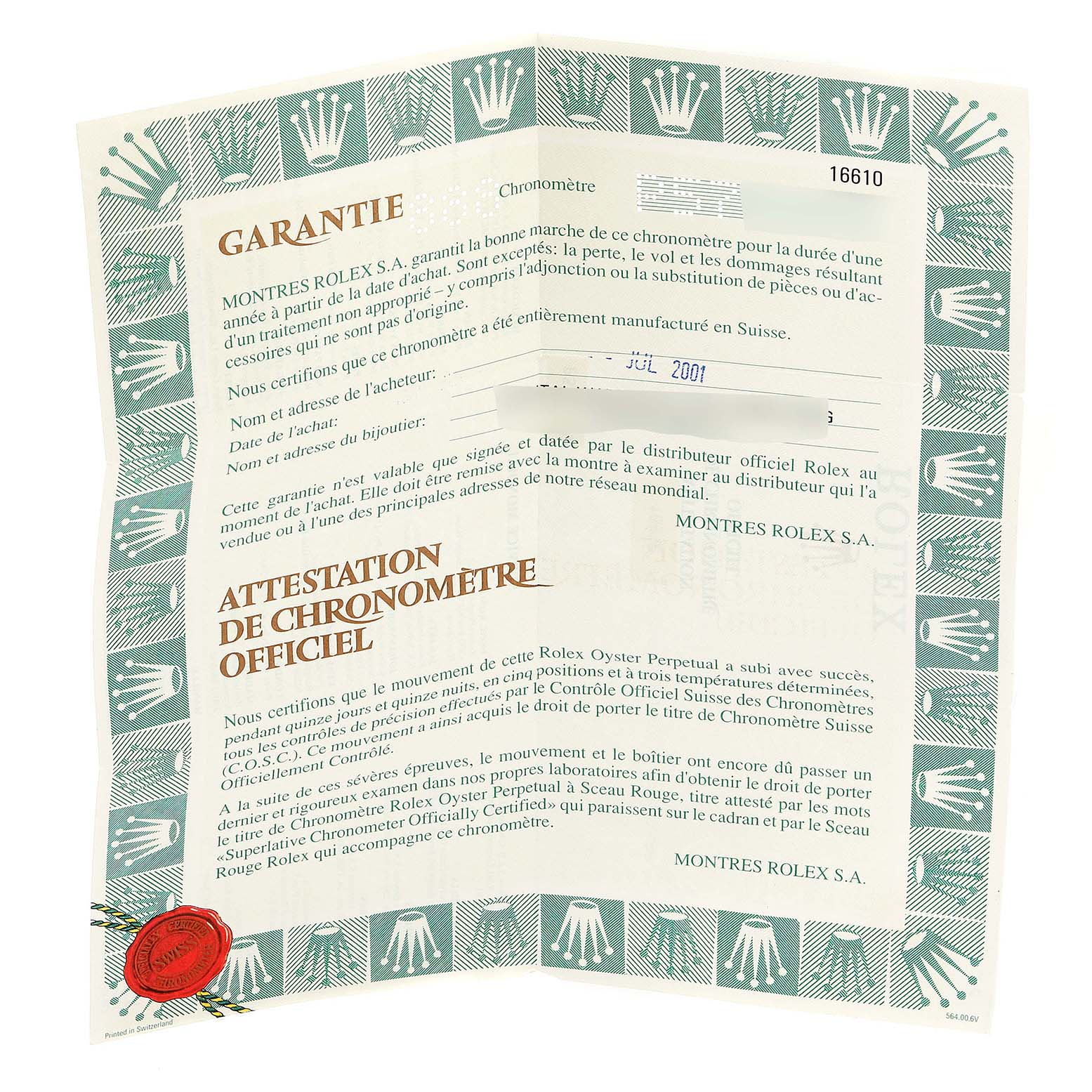 The image shows a warranty and chronometer certificate for a Rolex Submariner 16610 Men's Stainless Steel Black Dial 16610 Men's Stainless Steel Black Dial model.