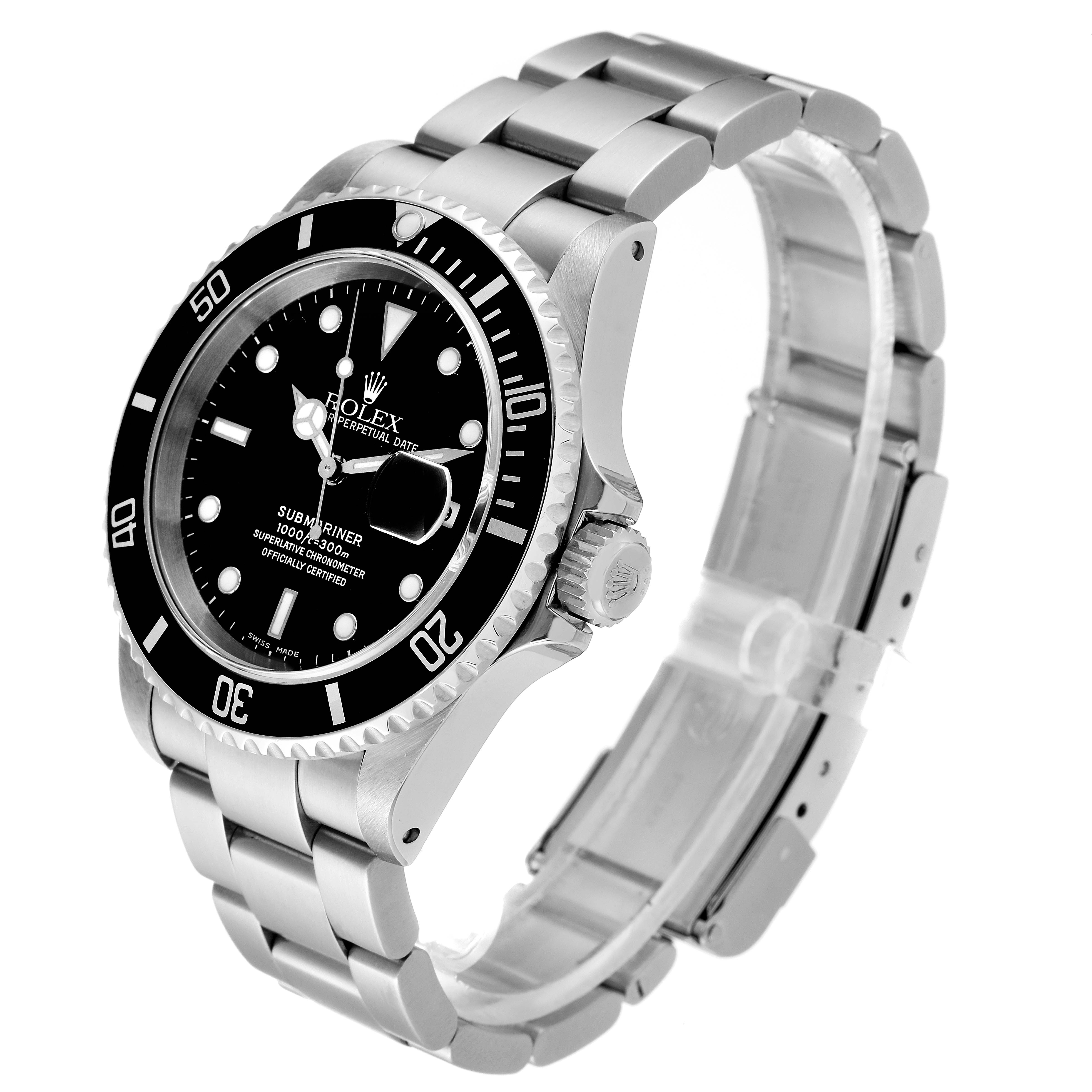 The image shows a side angle view of the Rolex Submariner 16610 Men's Stainless Steel Black Dial 16610 Men's Stainless Steel Black Dial watch, highlighting its silver bracelet, bezel, and black dial.