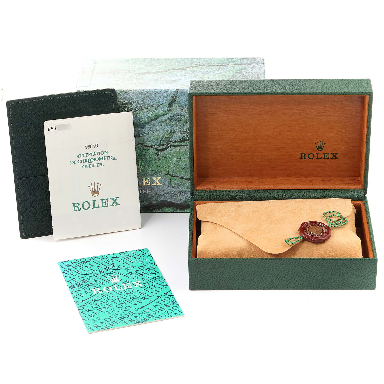 The image shows the packaging and accessories for a Rolex Submariner 16610 Men's Stainless Steel Black Dial 16610 Men's Stainless Steel Black Dial watch, including a box, papers, and a pouch.