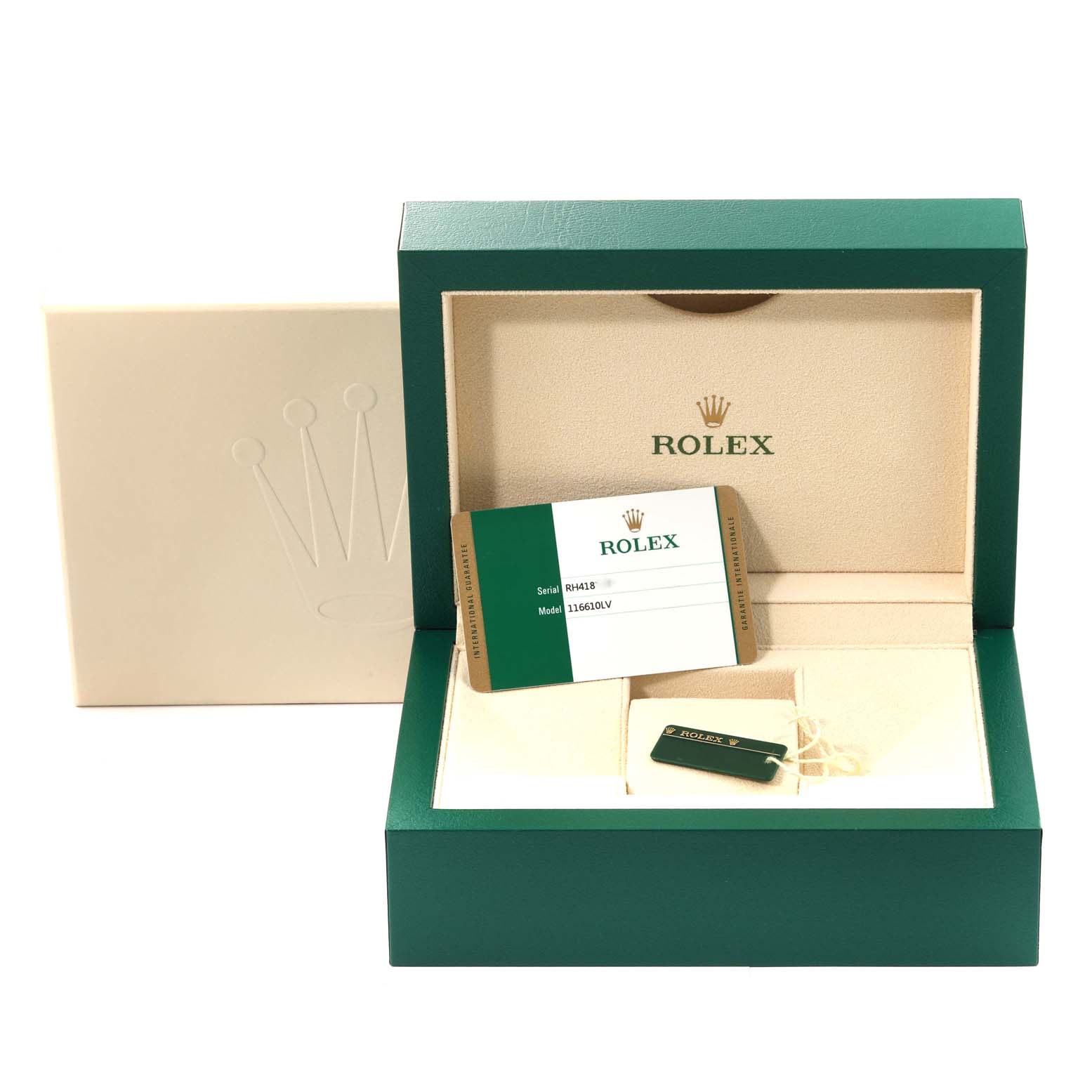 The image shows the packaging box for a Rolex Submariner 116610LV Men
s Stainless Steel Green Dial 116610LV Men
s Stainless Steel Green Dial, including documentation and a tag, from a front angle.