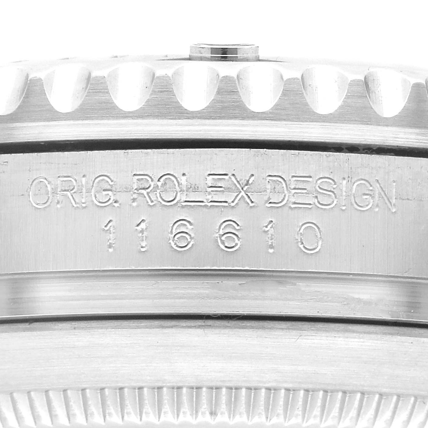 The image shows a close-up of the side of a Rolex Submariner 116610LV Men
s Stainless Steel Green Dial 116610LV Men
s Stainless Steel Green Dial, highlighting the engraved model number "116610" and the bezel
s edge.