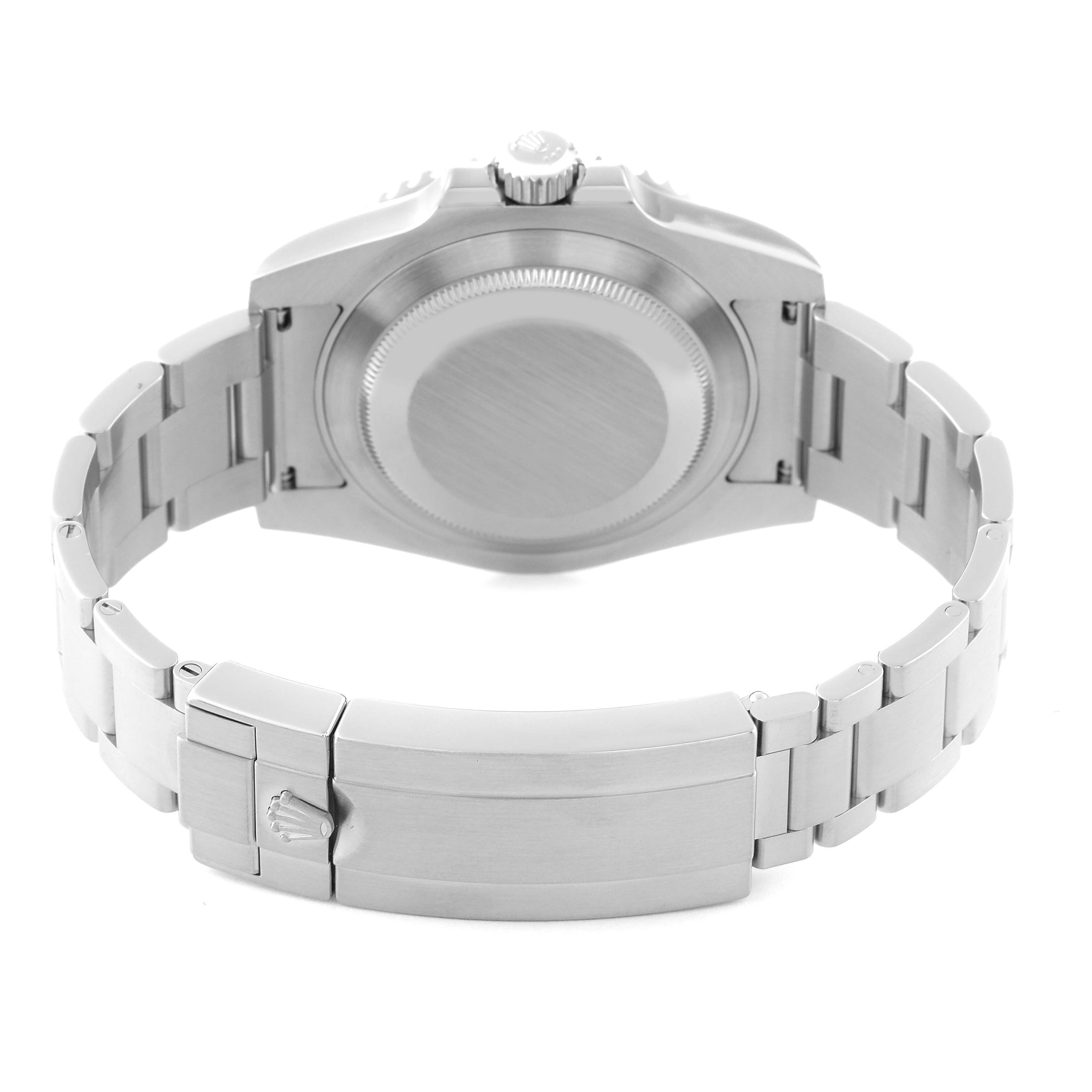 The image shows the back view of a Rolex Submariner 116610LV Men
s Stainless Steel Green Dial 116610LV Men
s Stainless Steel Green Dial, highlighting the case back, bracelet, and clasp.