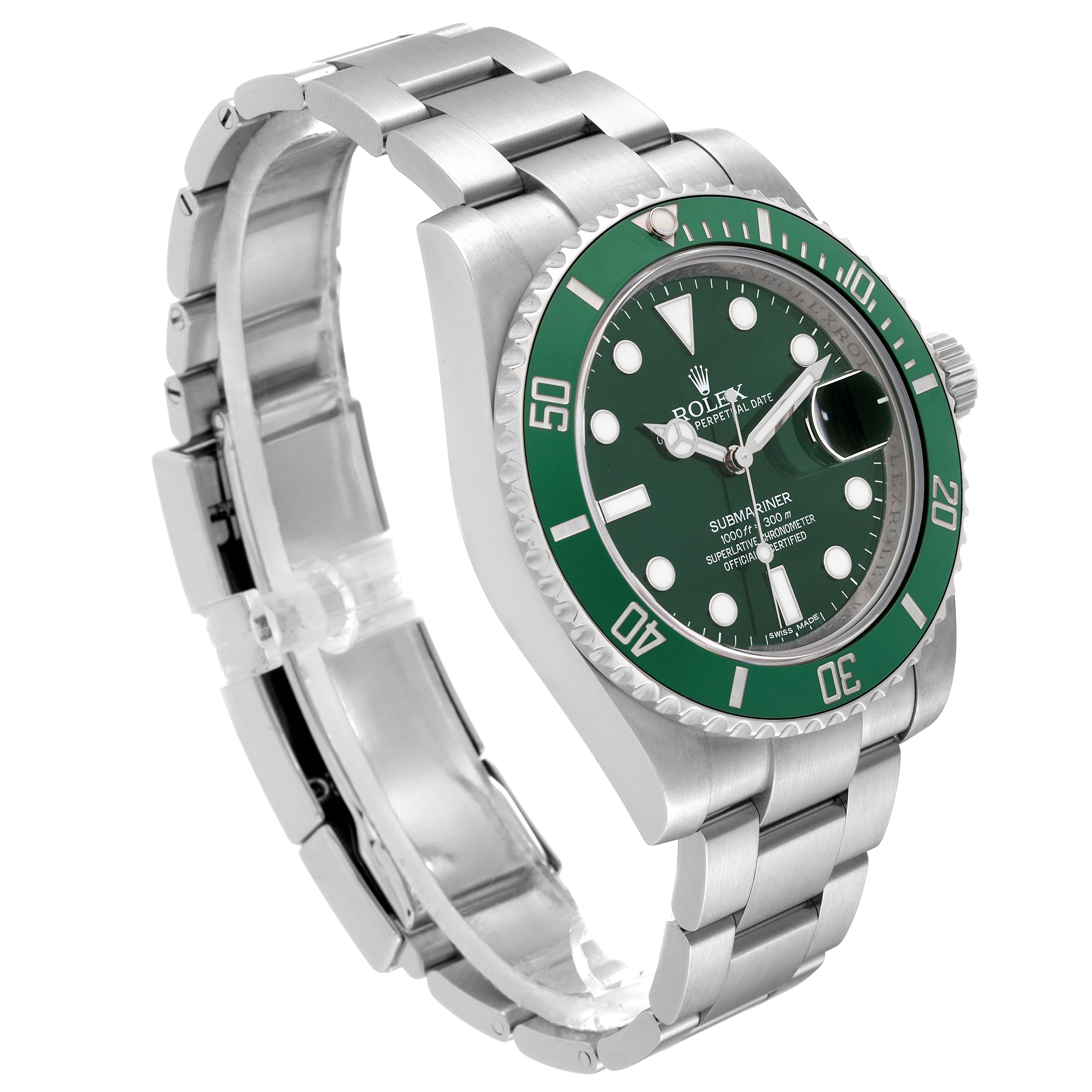 The image shows a side-angle view of a Rolex Submariner 116610LV Men
s Stainless Steel Green Dial 116610LV Men
s Stainless Steel Green Dial watch with a green bezel and dial and stainless steel bracelet.
