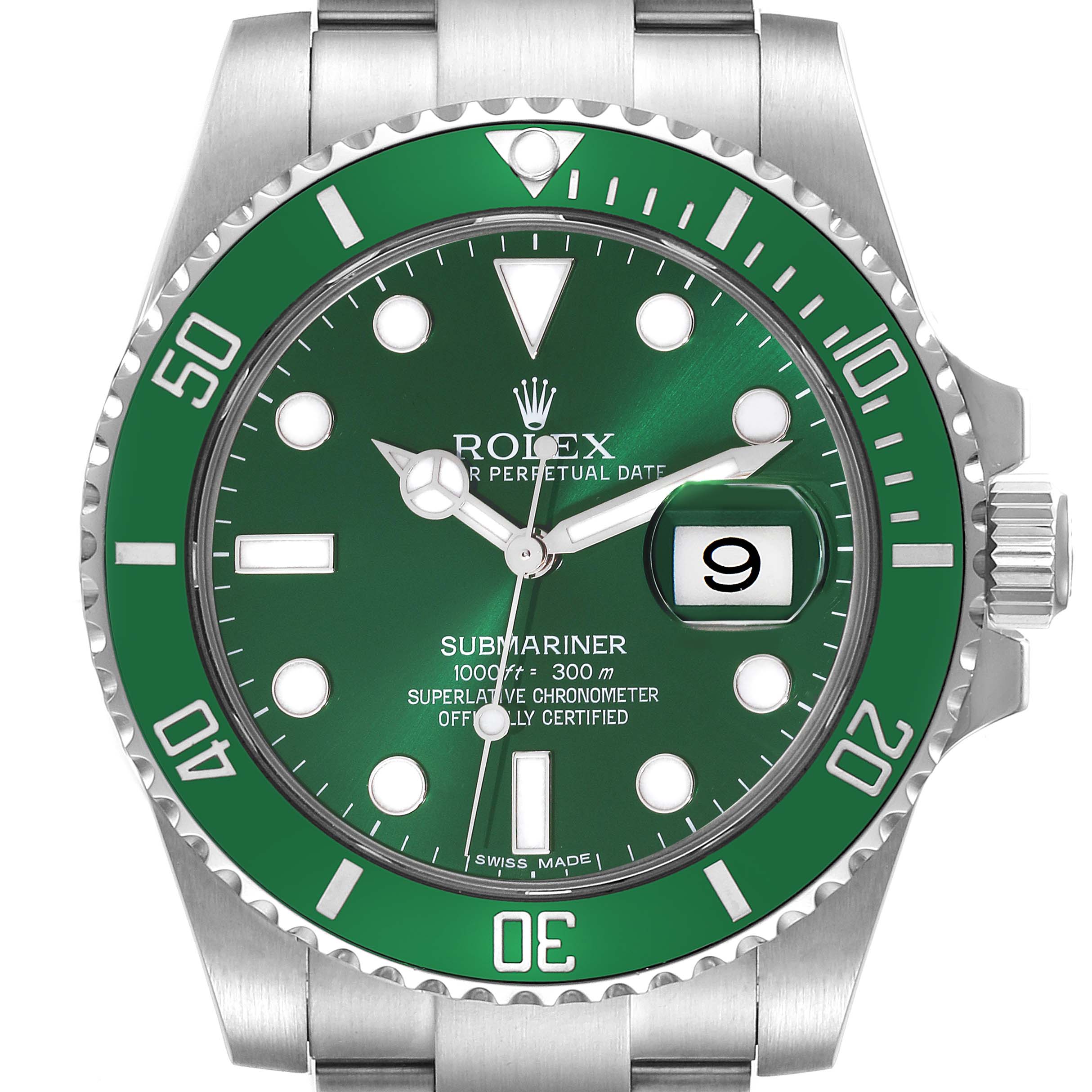 The image shows the front view of a Rolex Submariner 116610LV Men
s Stainless Steel Green Dial 116610LV Men
s Stainless Steel Green Dial watch, highlighting its green bezel, dial, and date window.