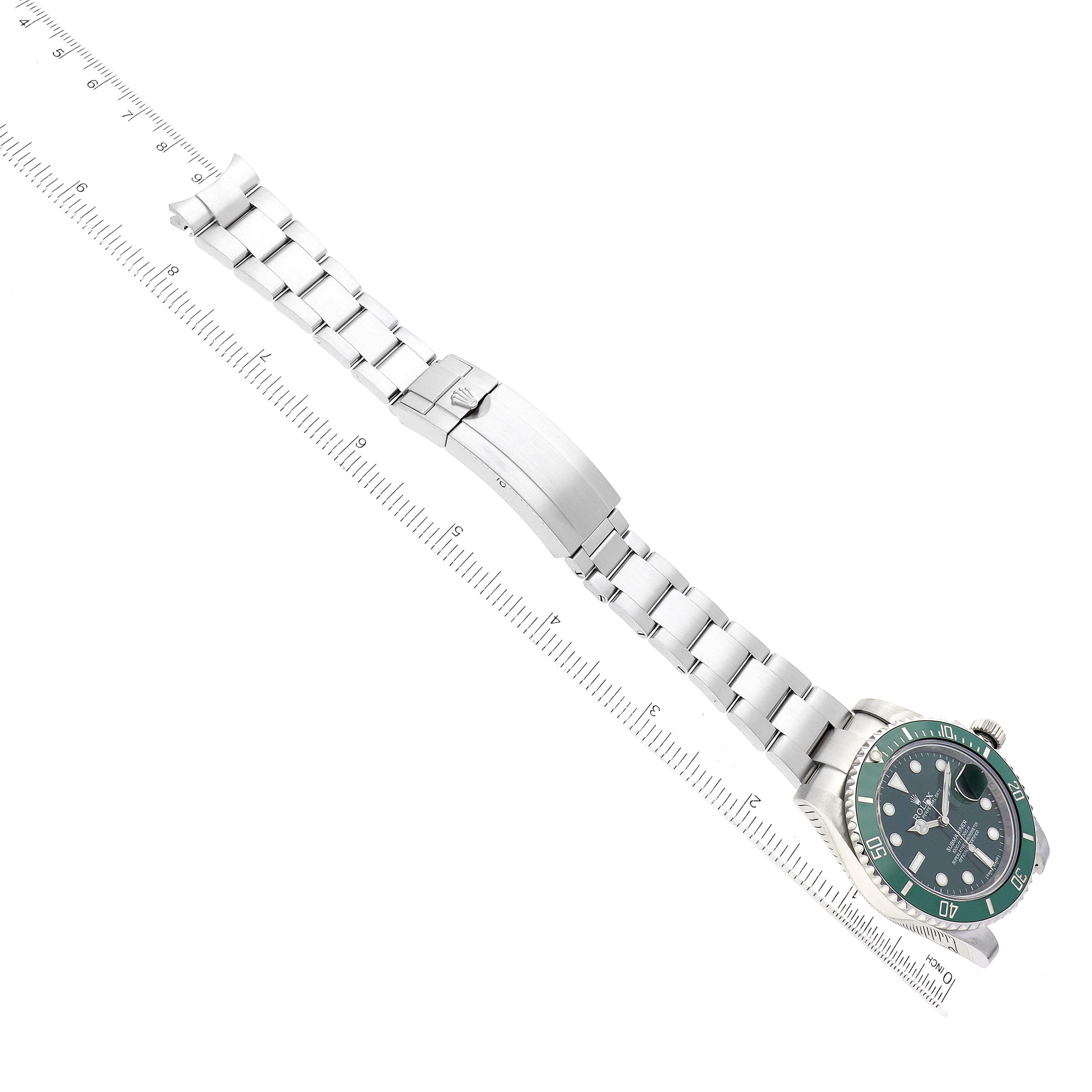 This image shows a top-down view of the Rolex Submariner 116610LV Men
s Stainless Steel Green Dial 116610LV Men
s Stainless Steel Green Dial watch, displaying its band, clasp, and face.
