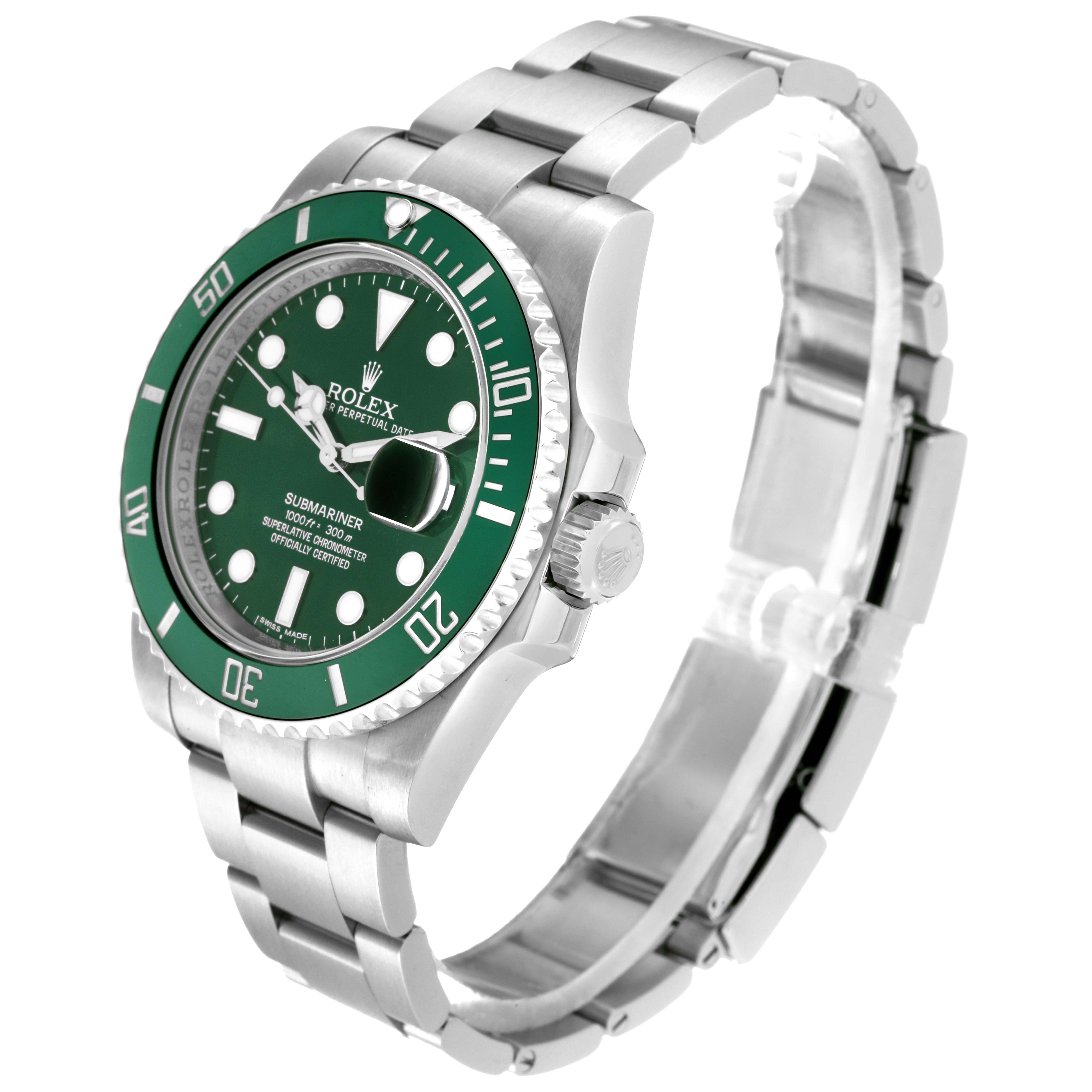 The Rolex Submariner 116610LV Men
s Stainless Steel Green Dial 116610LV Men
s Stainless Steel Green Dial watch is shown at a three-quarter angle, highlighting the green bezel, dial, and metal bracelet.