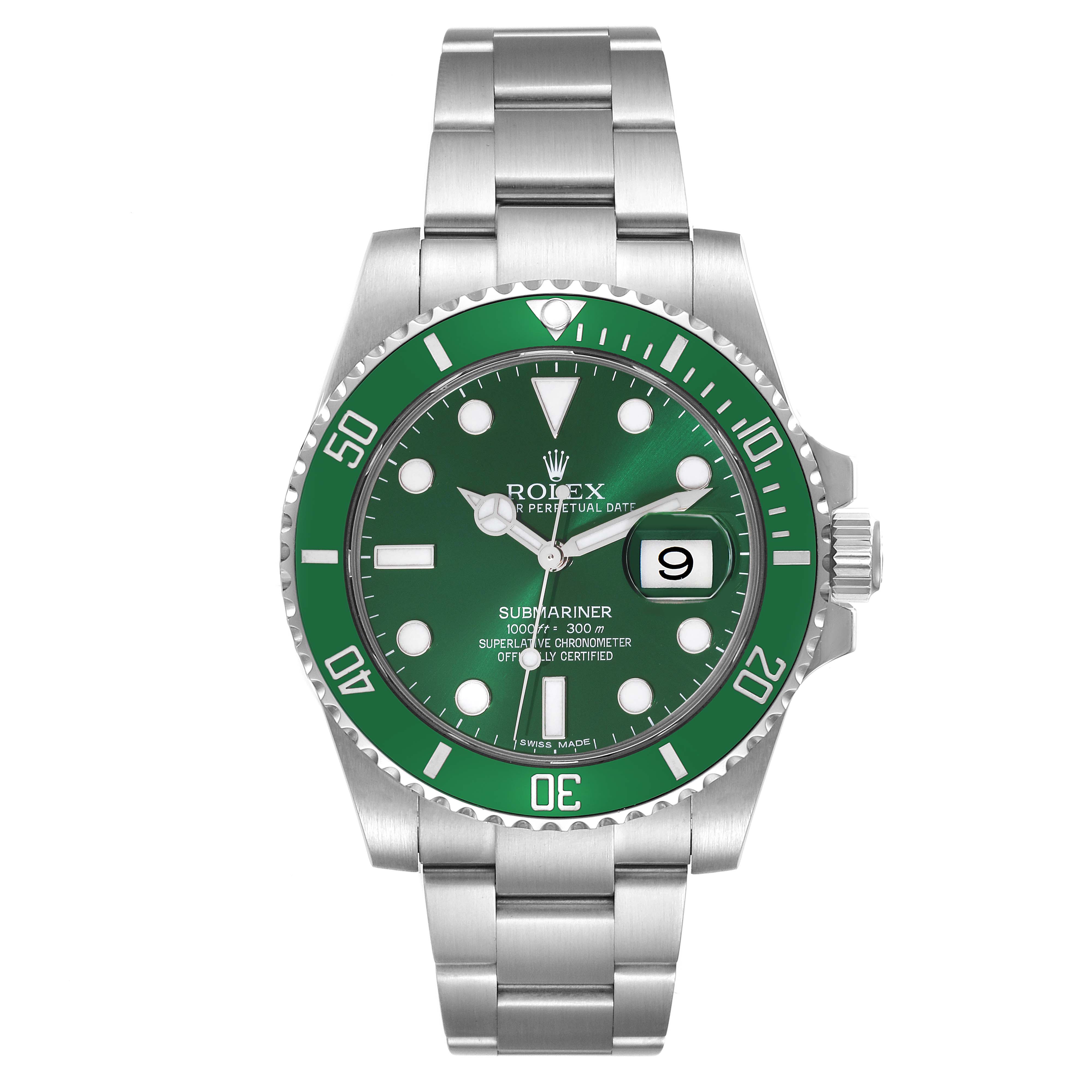 The Rolex Submariner 116610LV Men
s Stainless Steel Green Dial 116610LV Men
s Stainless Steel Green Dial watch is shown from the front, displaying its green bezel and dial, with a stainless steel bracelet.
