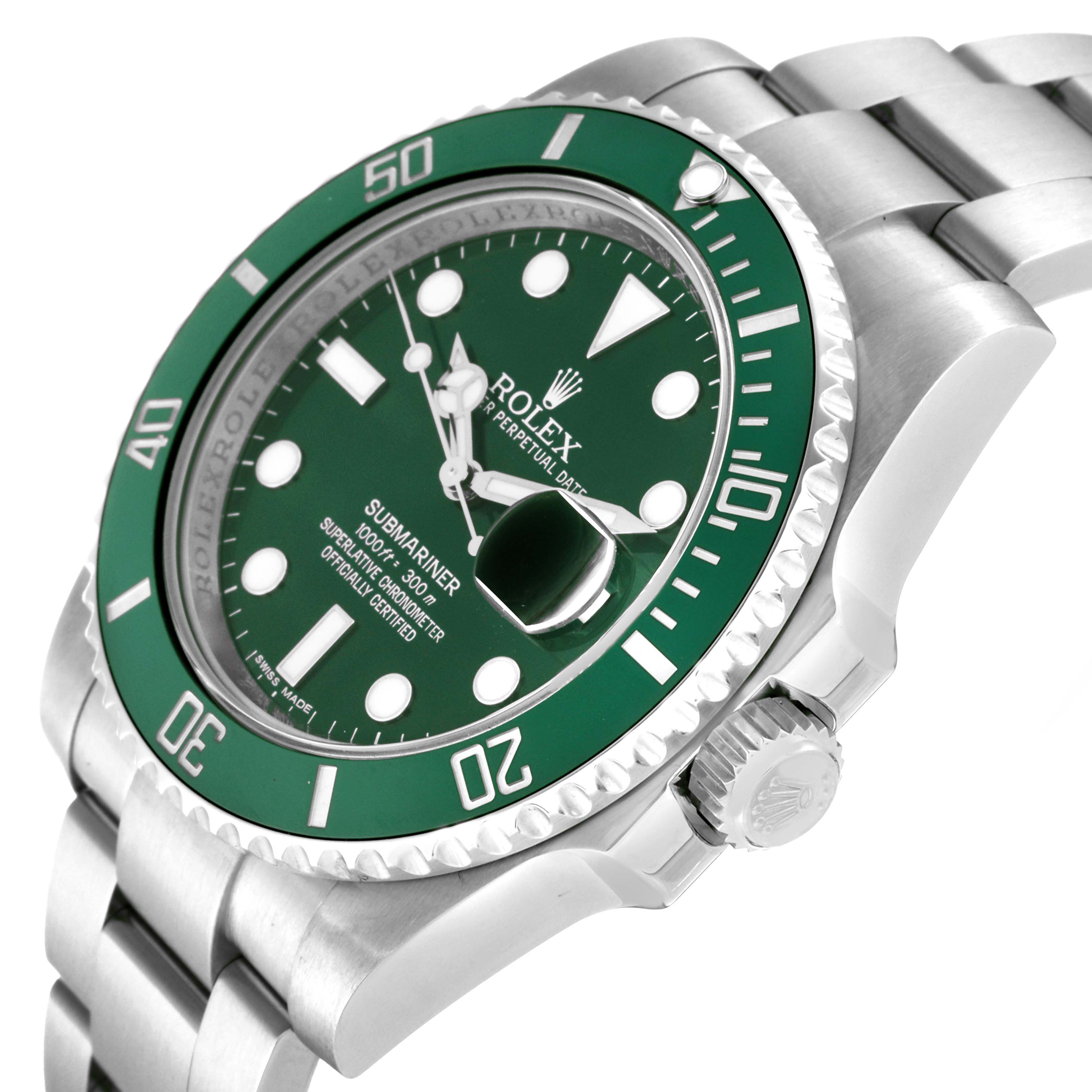 This image shows the Rolex Submariner 116610LV Men
s Stainless Steel Green Dial 116610LV Men
s Stainless Steel Green Dial watch at an angle highlighting its green bezel, dial, and part of the stainless steel bracelet.