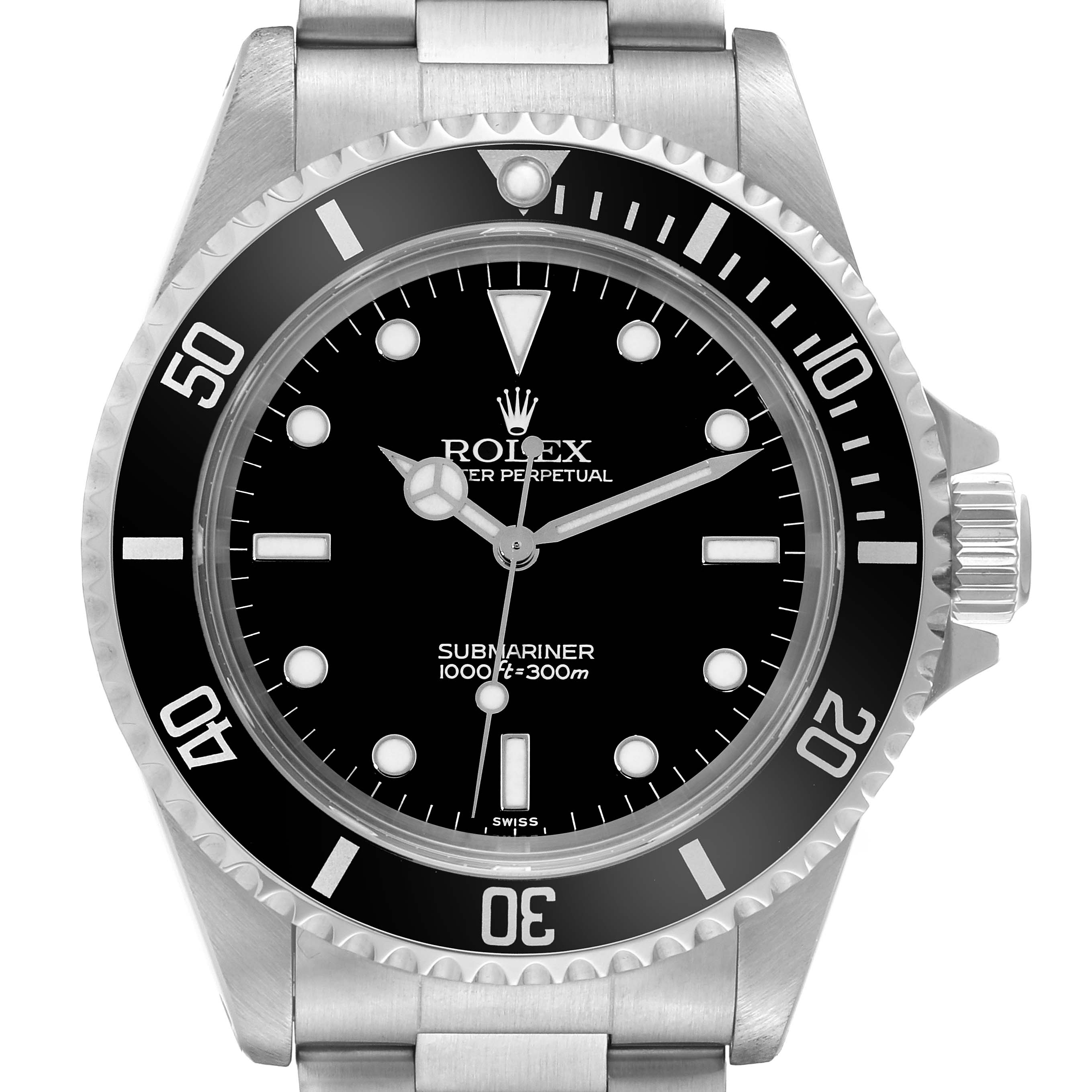 The image shows a front view of the Rolex Submariner 14060 Men
s Stainless Steel Black Dial 14060 Men
s Stainless Steel Black Dial watch, displaying its dial, bezel, and part of the stainless steel bracelet.