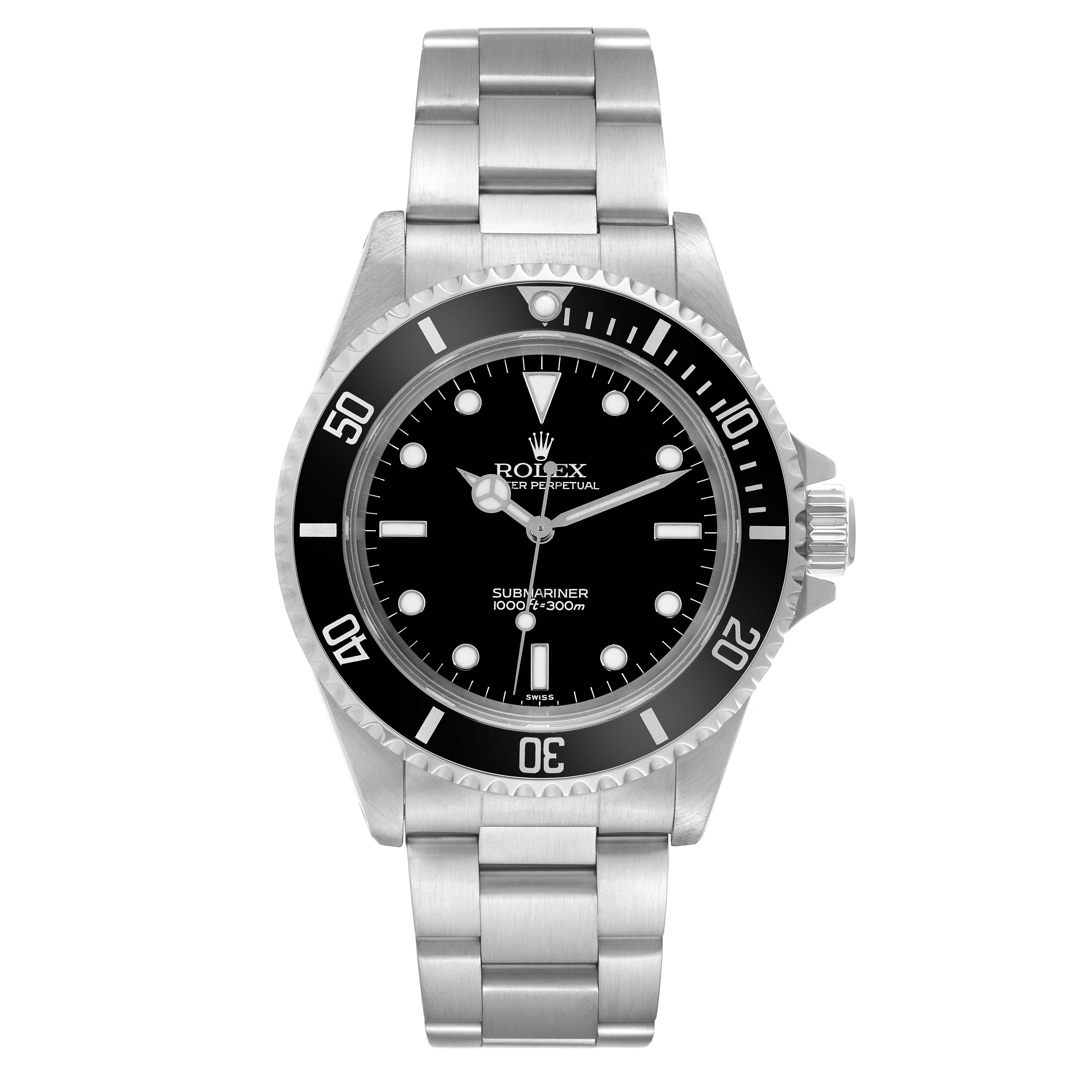 The image shows a front view of a Rolex Submariner 14060 Men
s Stainless Steel Black Dial 14060 Men
s Stainless Steel Black Dial watch, displaying the face, bezel, and metal bracelet fully.