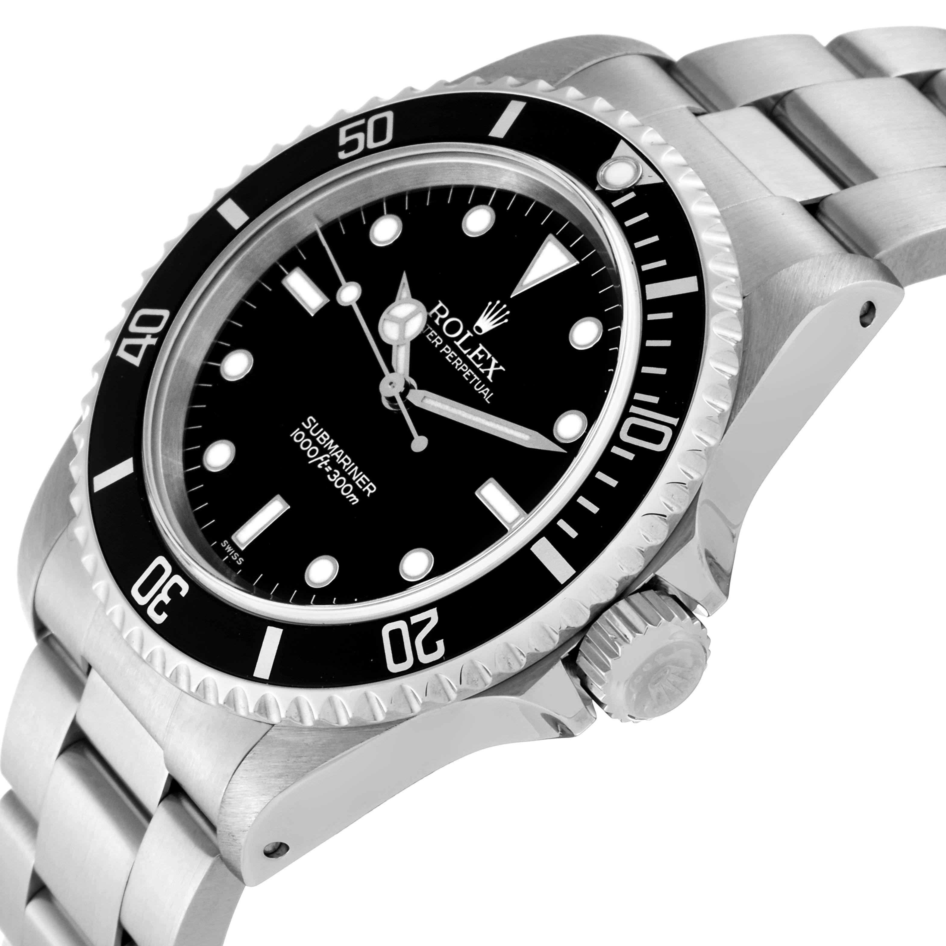 This image shows a close-up angled view of the Rolex Submariner 14060 Men
s Stainless Steel Black Dial 14060 Men
s Stainless Steel Black Dial watch, focusing on the face, bezel, crown, and part of the bracelet.