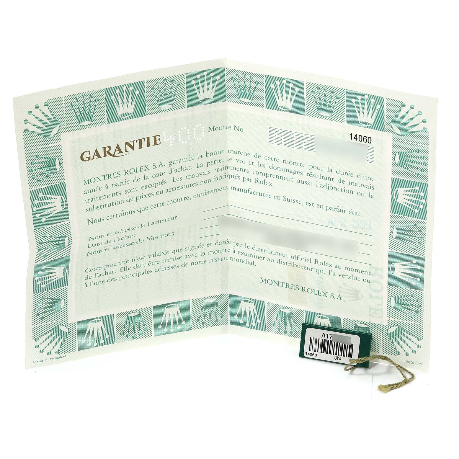 This image shows the warranty certificate and tag for a Rolex Submariner 14060 Men
s Stainless Steel Black Dial 14060 Men
s Stainless Steel Black Dial model.