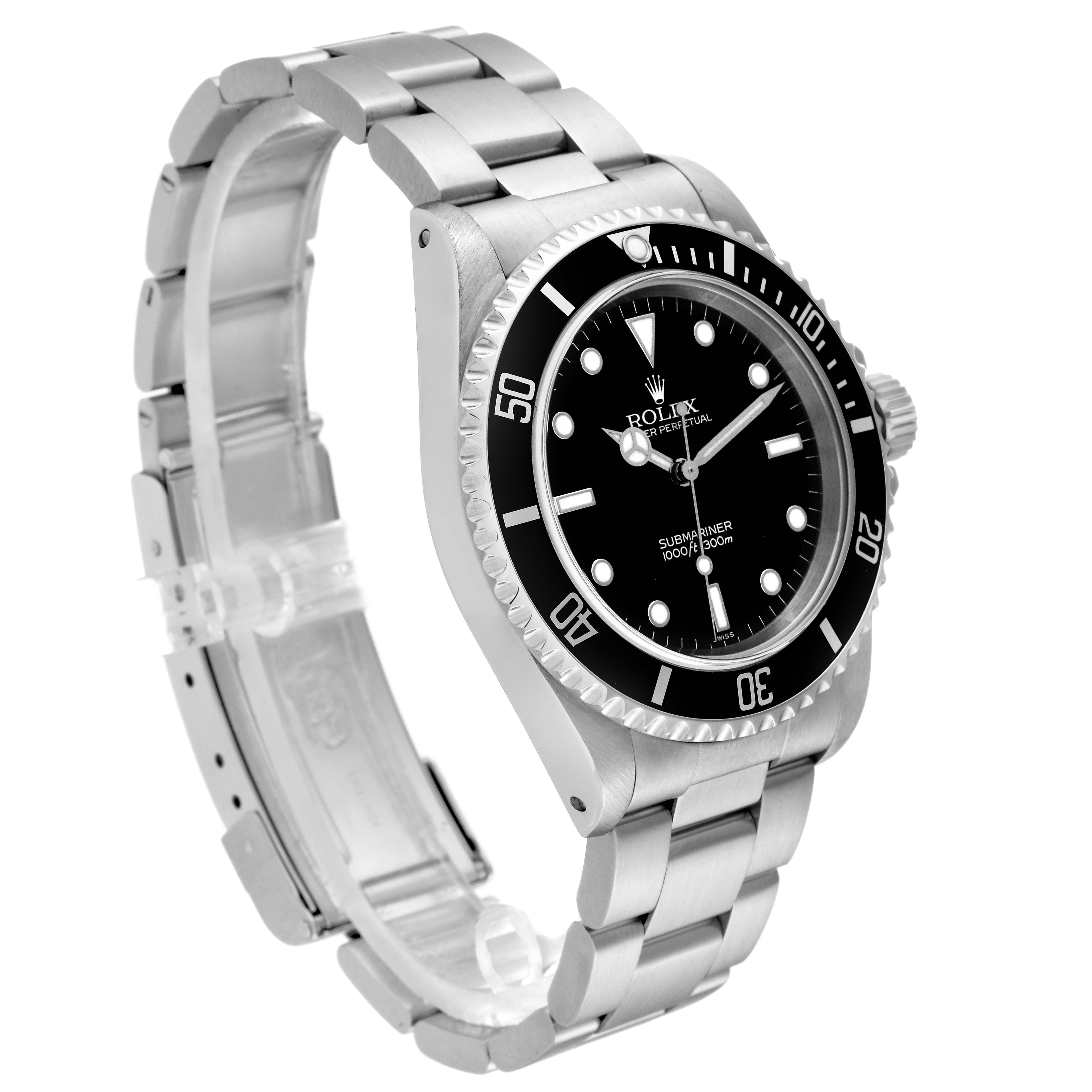 The image shows a side-angle view of a Rolex Submariner 14060 Men
s Stainless Steel Black Dial 14060 Men
s Stainless Steel Black Dial watch, displaying the dial, bezel, case, and bracelet.