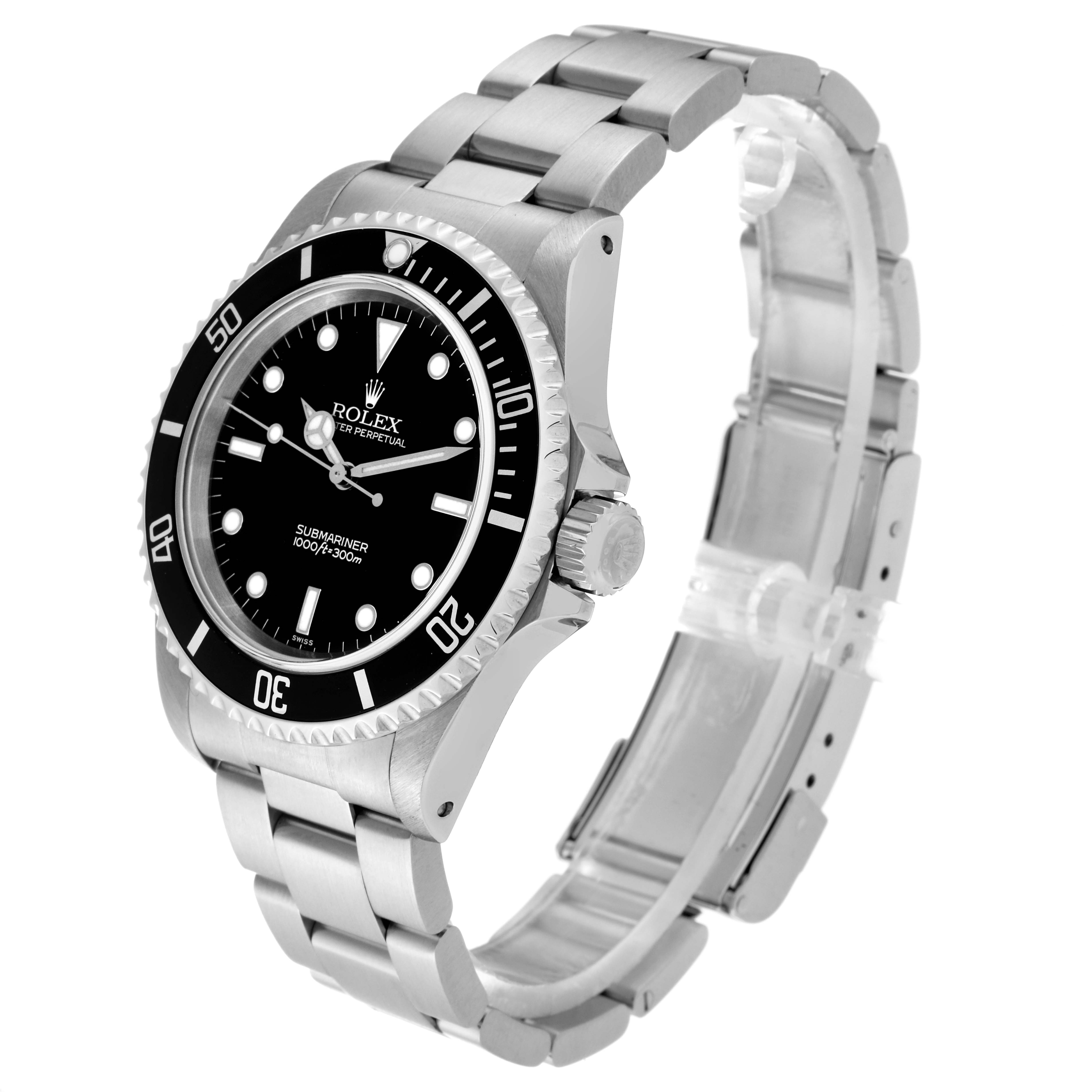 The image shows a side angle of a Rolex Submariner 14060 Men
s Stainless Steel Black Dial 14060 Men
s Stainless Steel Black Dial watch featuring its face, bezel, and stainless steel bracelet.