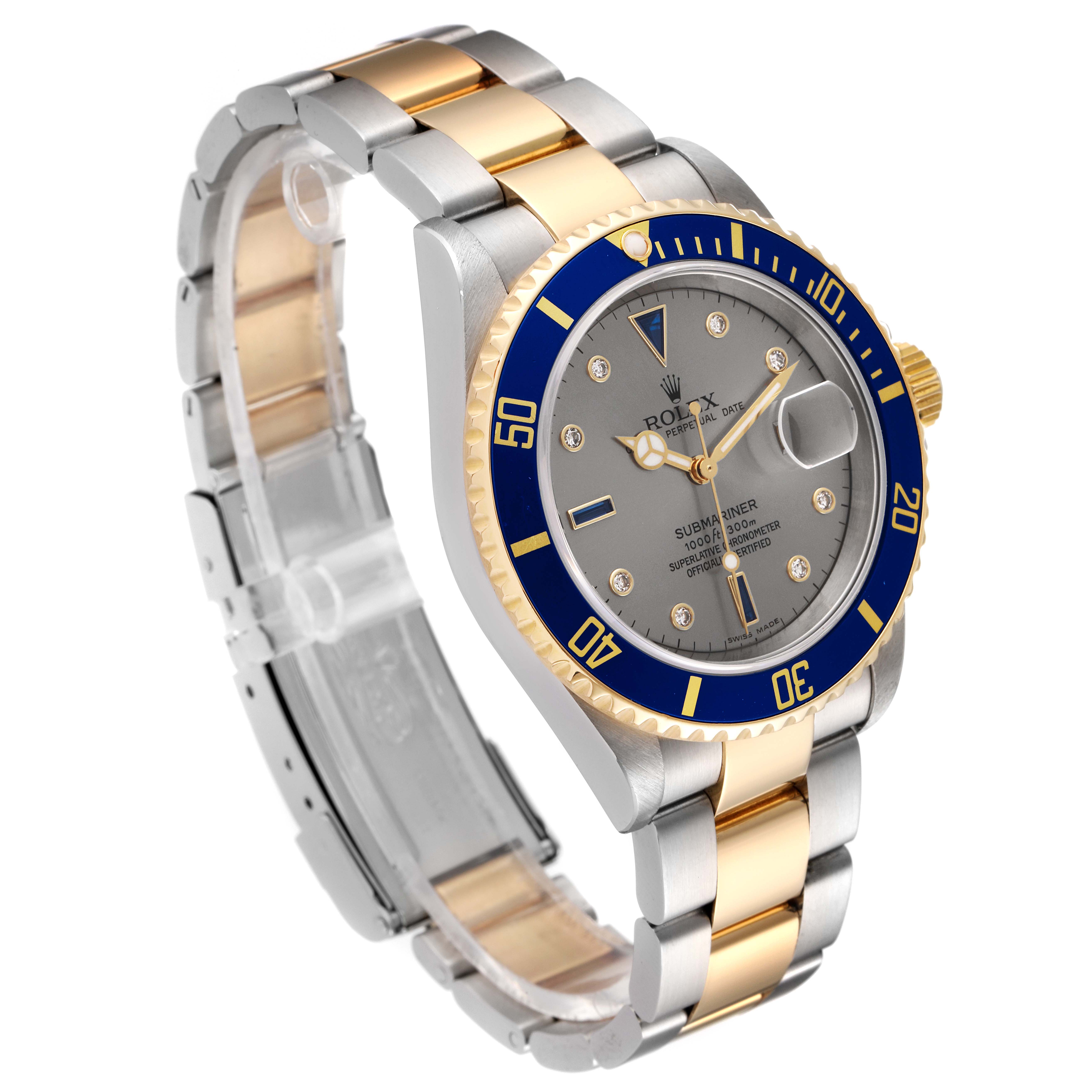 This image shows a side angle of a Rolex Submariner 16613 Men
s Steel and Gold (two tone) Grey Dial 16613 Men
s Steel and Gold (two tone) Grey Dial, showcasing the dial, bezel, and two-tone bracelet.