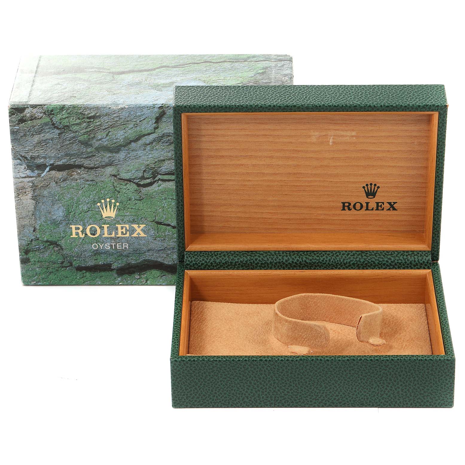 The image shows the open and empty packaging box for a Rolex Submariner 16613 Men
s Steel and Gold (two tone) Grey Dial 16613 Men
s Steel and Gold (two tone) Grey Dial watch, revealing the interior cushion and support.