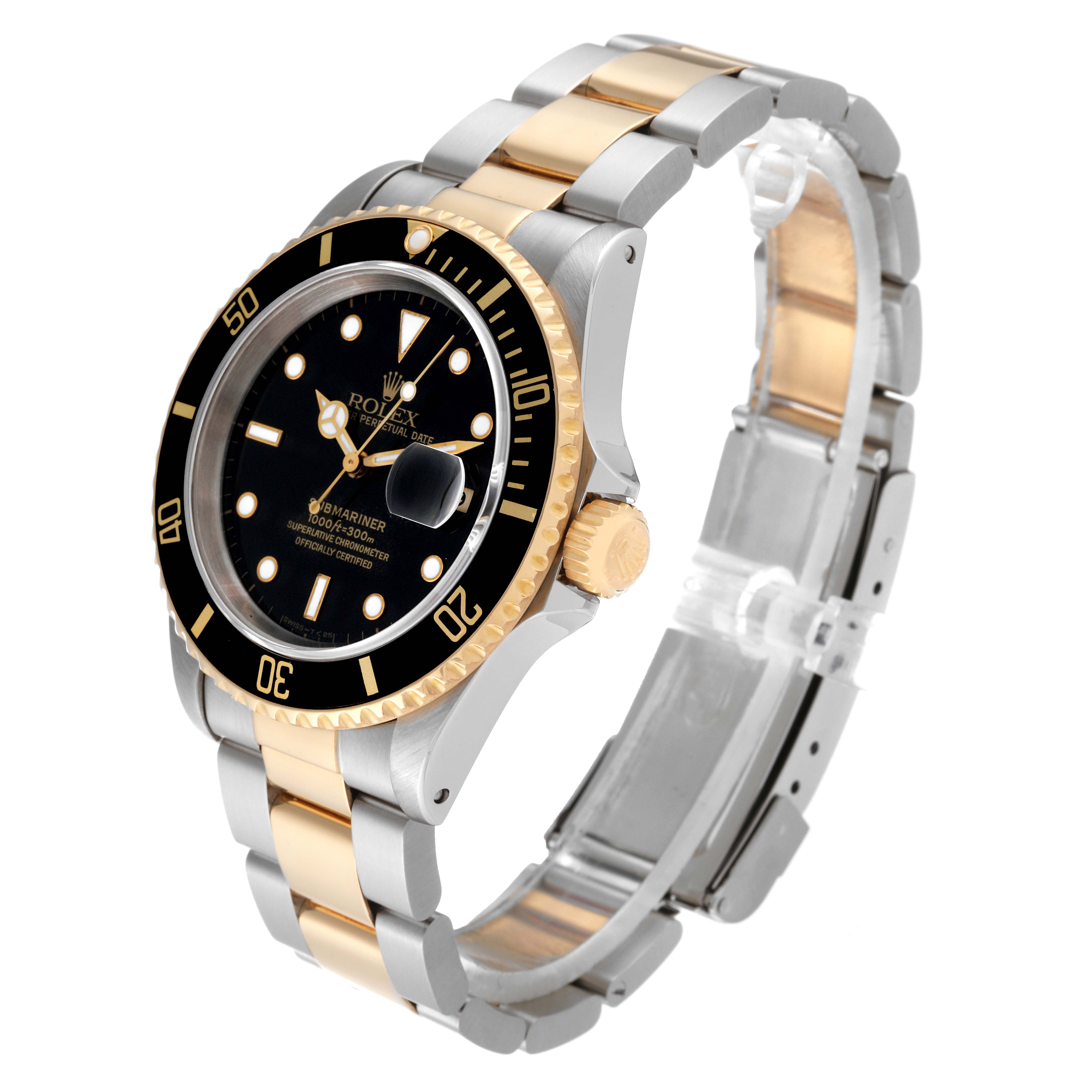 The Rolex Submariner 16613 Men's Steel and Gold (two tone) Black Dial 16613 Men's Steel and Gold (two tone) Black Dial watch is shown at a three-quarter angle, displaying the face, bezel, crown, and two-tone bracelet.