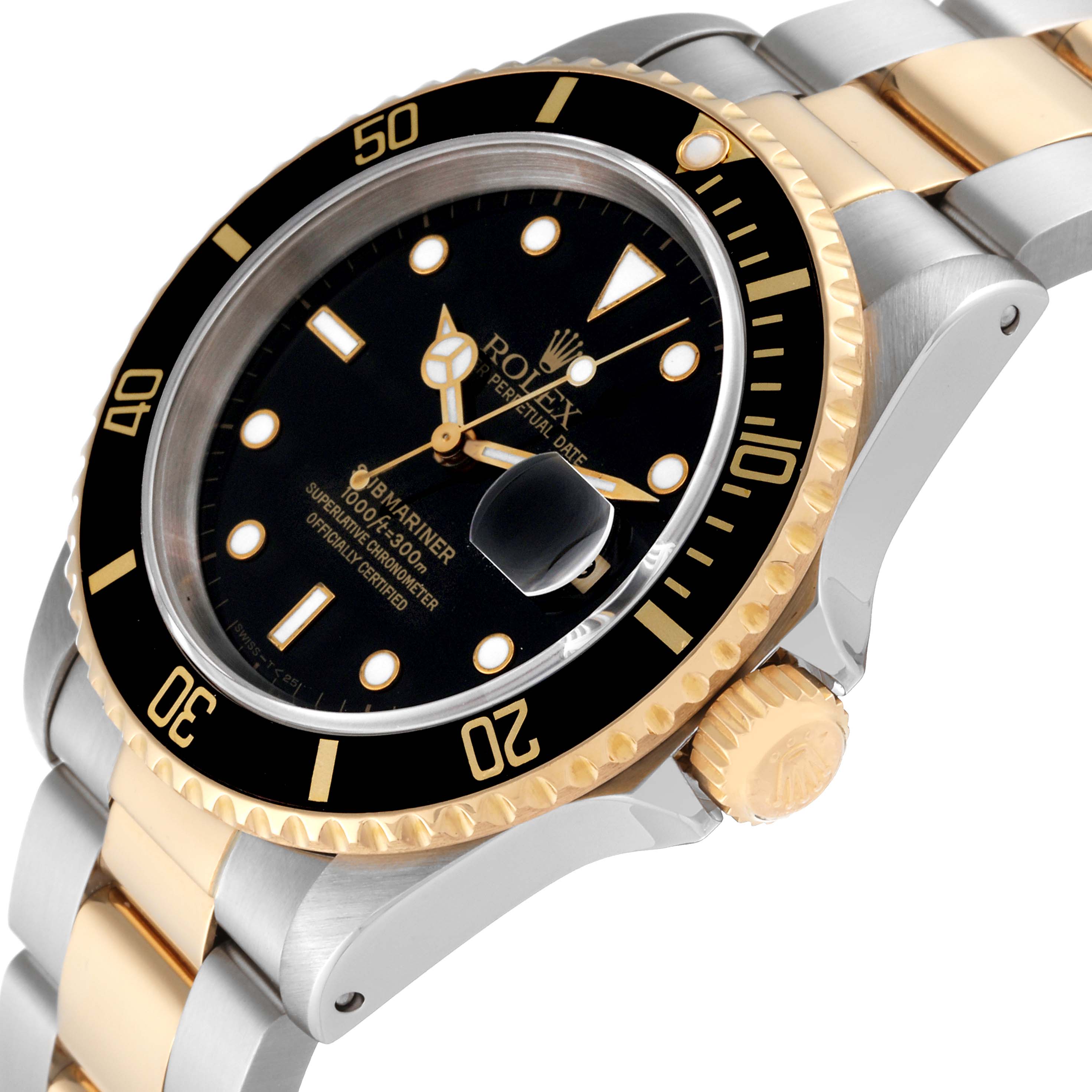 This image shows a Rolex Submariner 16613 Men's Steel and Gold (two tone) Black Dial 16613 Men's Steel and Gold (two tone) Black Dial watch at an angle, highlighting the face, bezel, and part of the bracelet with a gold crown.