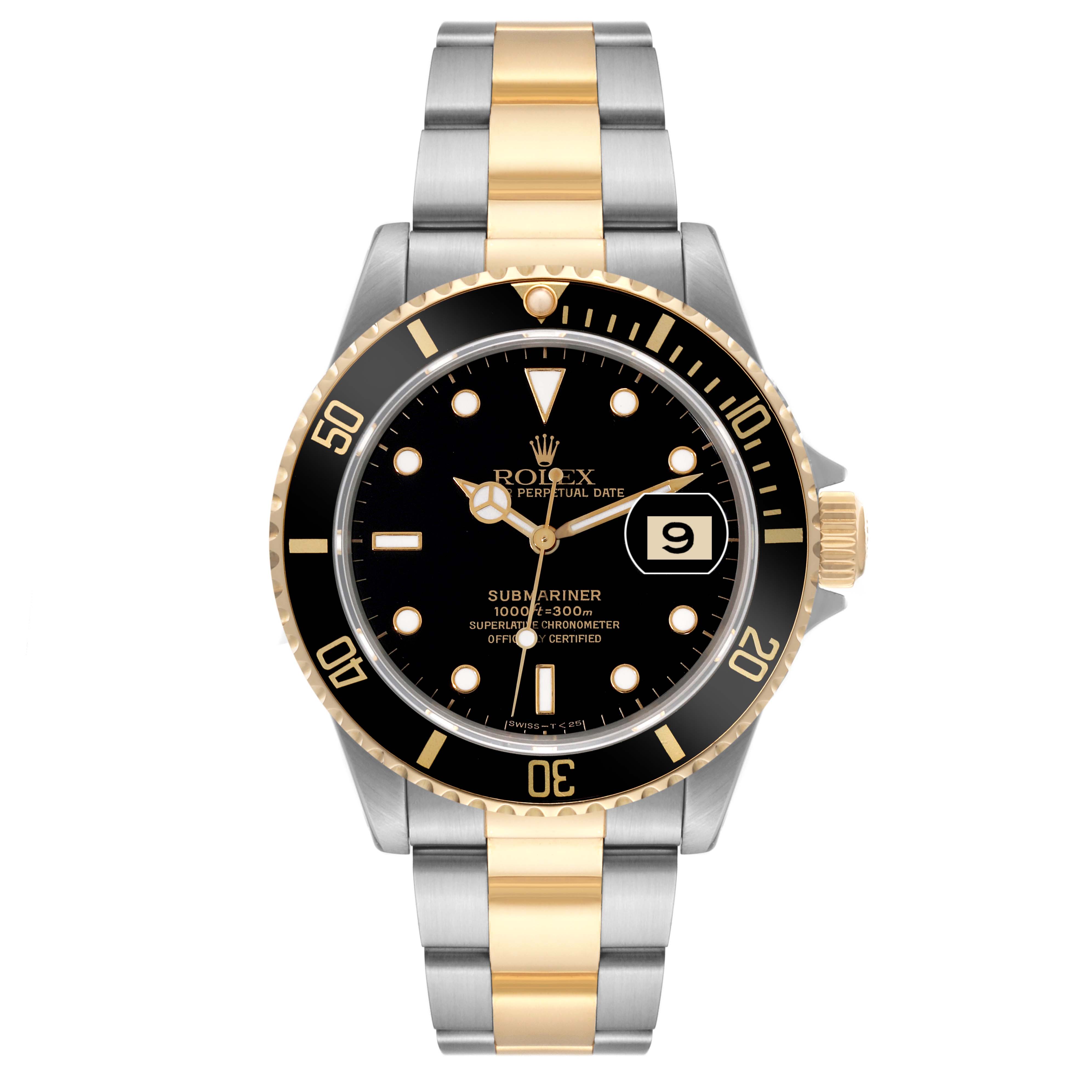 The image shows a Rolex Submariner 16613 Men's Steel and Gold (two tone) Black Dial 16613 Men's Steel and Gold (two tone) Black Dial watch from a frontal angle, highlighting the dial, bezel, and two-tone bracelet.
