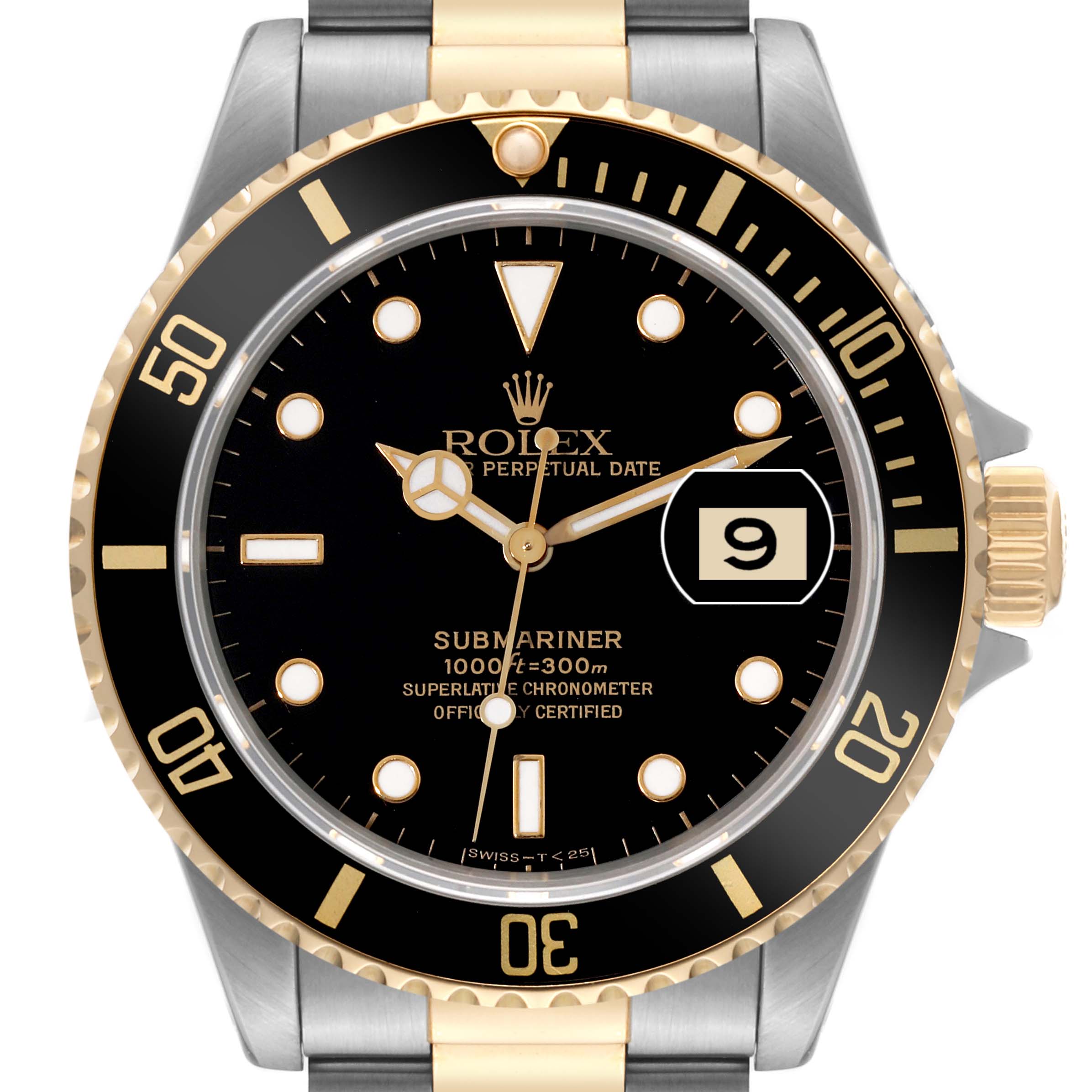 Front view of a Rolex Submariner 16613 Men's Steel and Gold (two tone) Black Dial 16613 Men's Steel and Gold (two tone) Black Dial watch showing the face, bezel, hands, and date window.