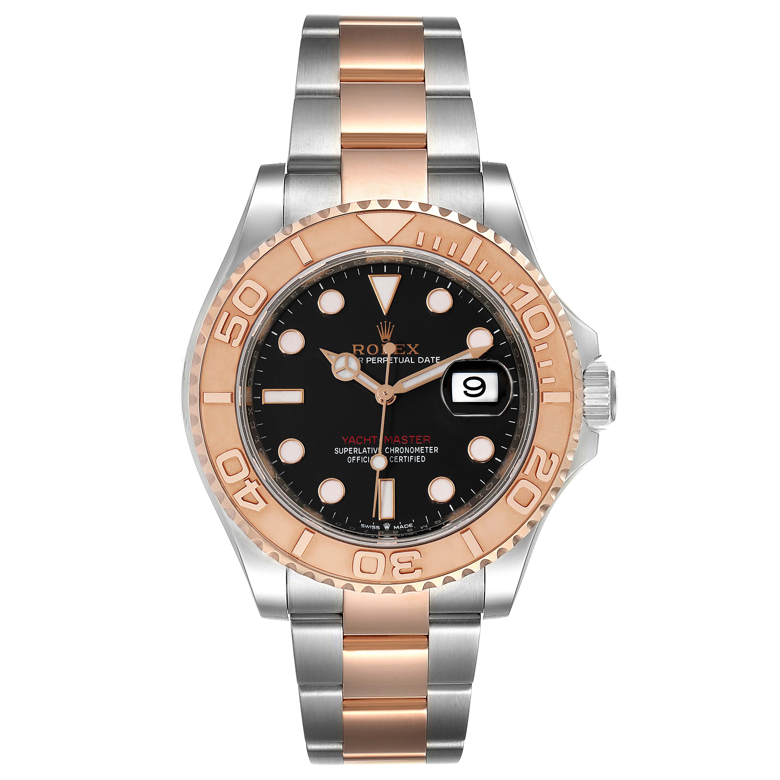 This image shows a front view of the Rolex Yacht-Master 126621 Men's Steel and Gold (two tone) Black Dial 126621 Men's Steel and Gold (two tone) Black Dial watch, displaying its face, bezel, and bracelet.